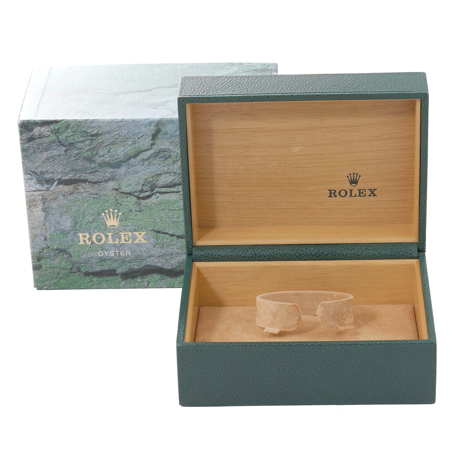 This image shows an open Rolex Explorer 16570 Men
s Stainless Steel Black Dial 16570 Men
s Stainless Steel Black Dial watch box with a green textured exterior and wooden interior.