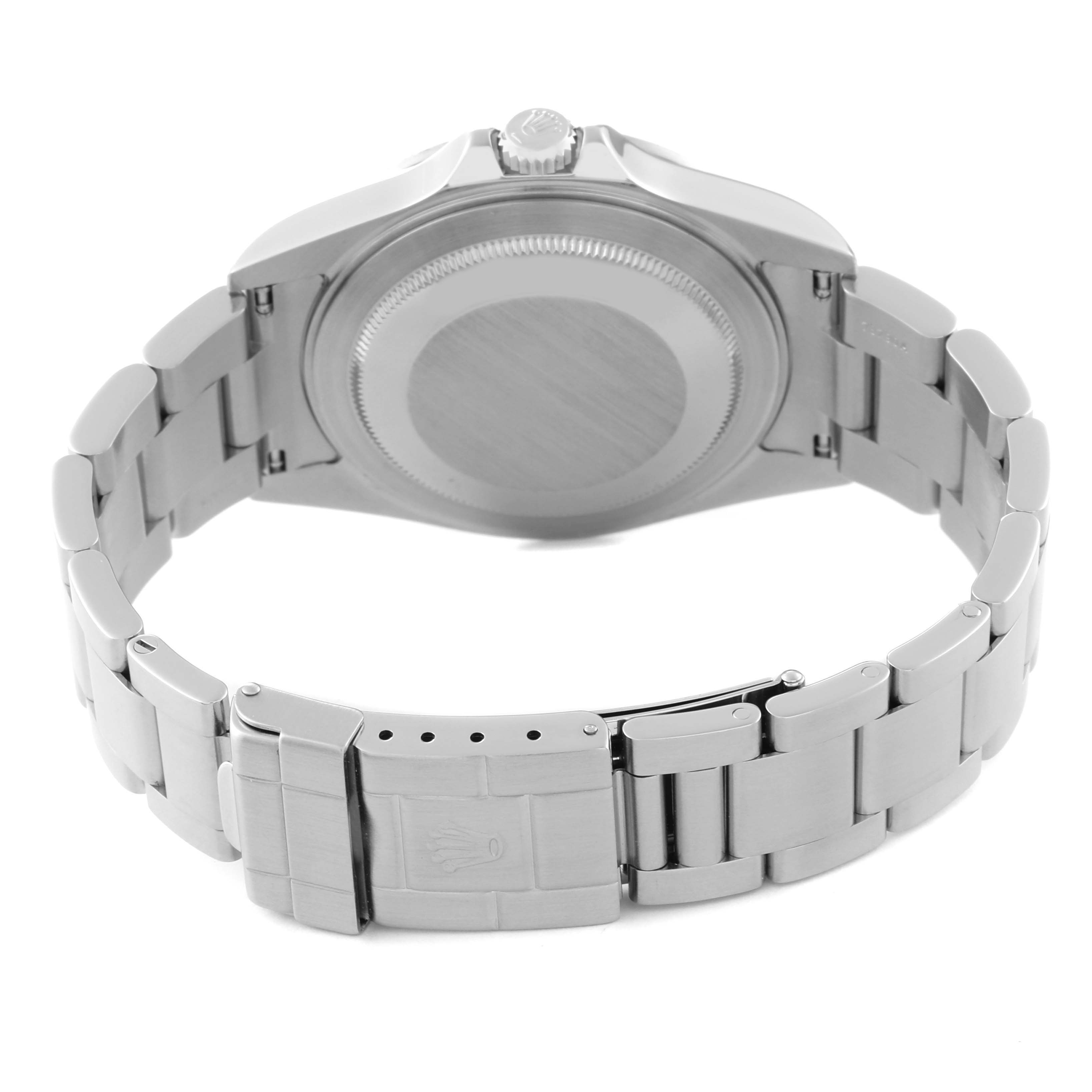 The image shows the back, clasp, and bracelet of a Rolex Explorer 16570 Men
s Stainless Steel Black Dial 16570 Men
s Stainless Steel Black Dial watch.