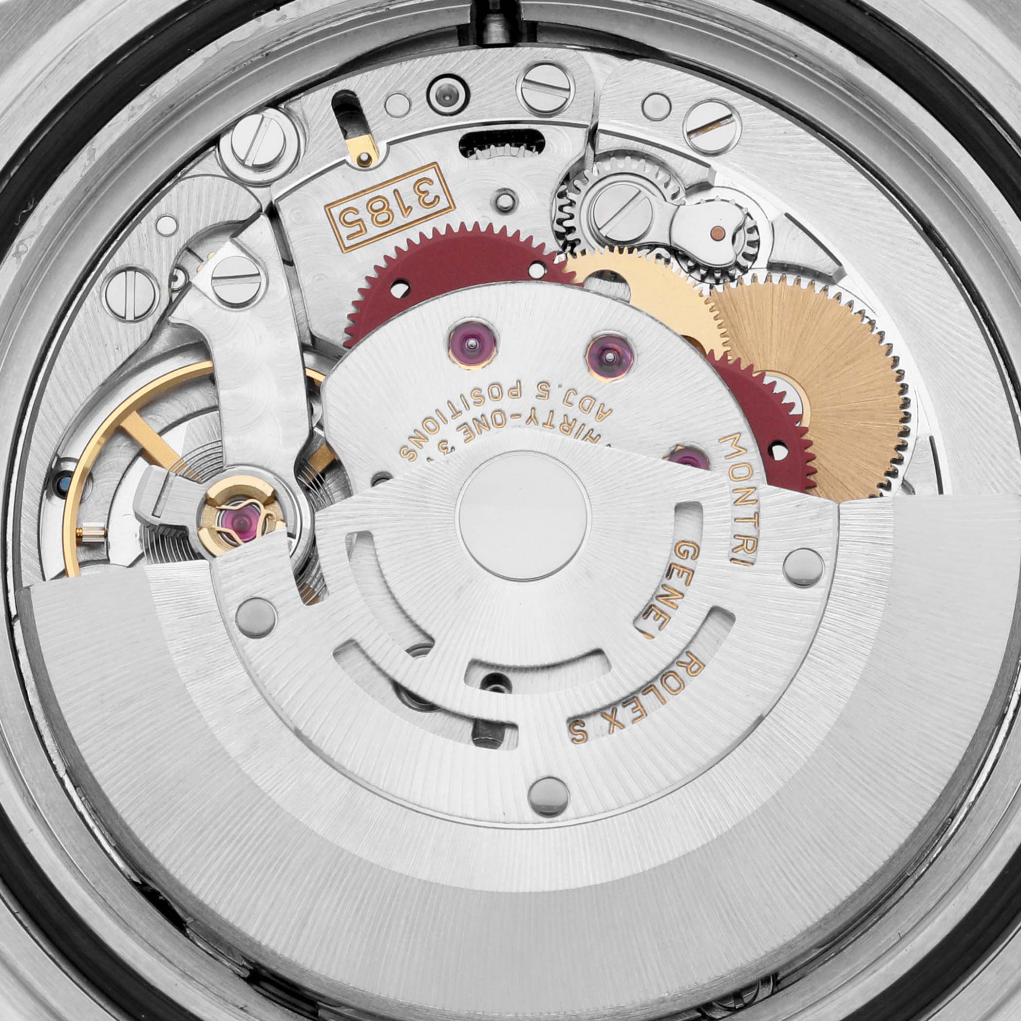 The image shows the intricate internal movement components of a Rolex Explorer 16570 Men
s Stainless Steel Black Dial 16570 Men
s Stainless Steel Black Dial watch from a close-up angle.