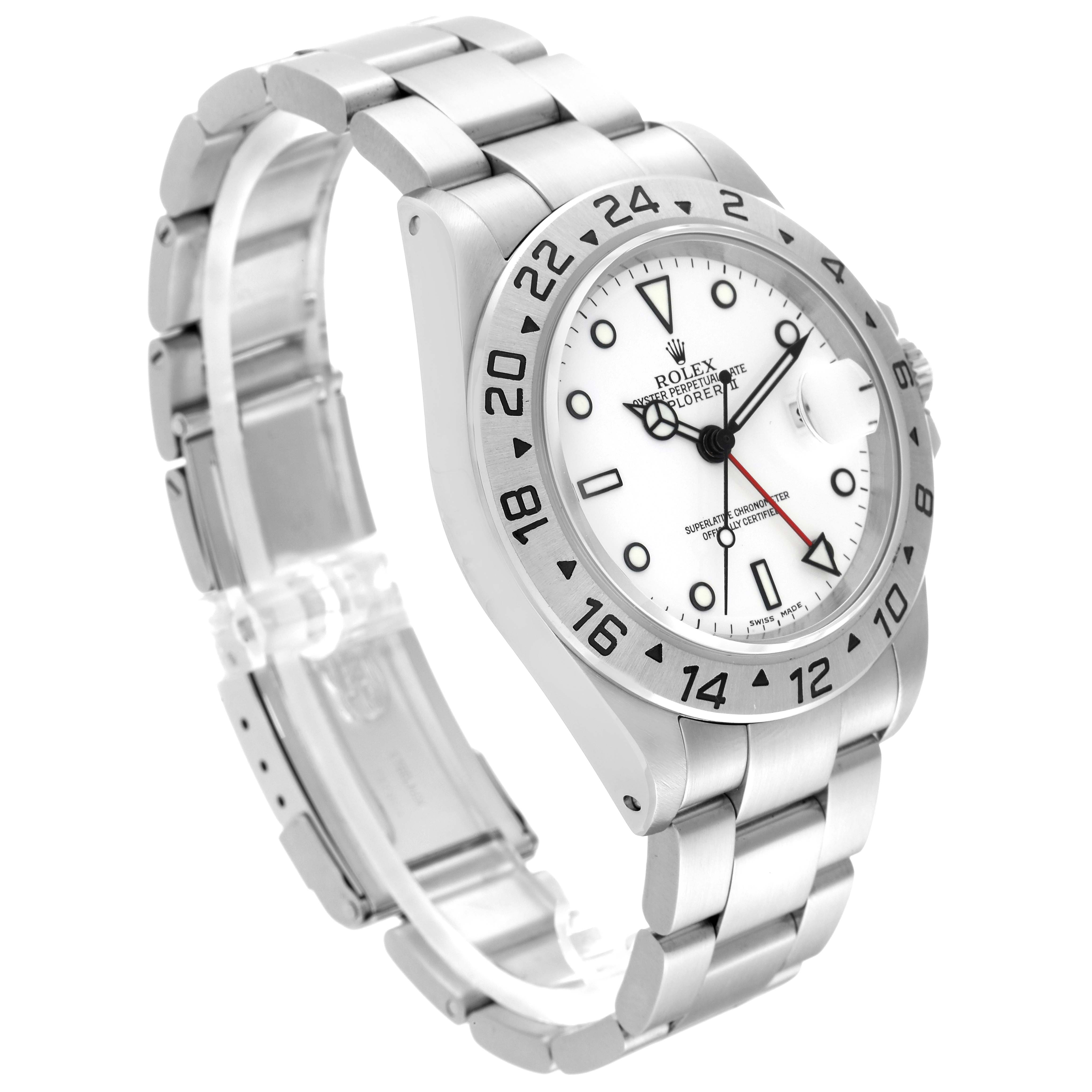 The Rolex Explorer 16570 Men's Stainless Steel White Dial 16570 Men's Stainless Steel White Dial model watch is shown at a three-quarter angle, displaying the face, bezel, and bracelet.