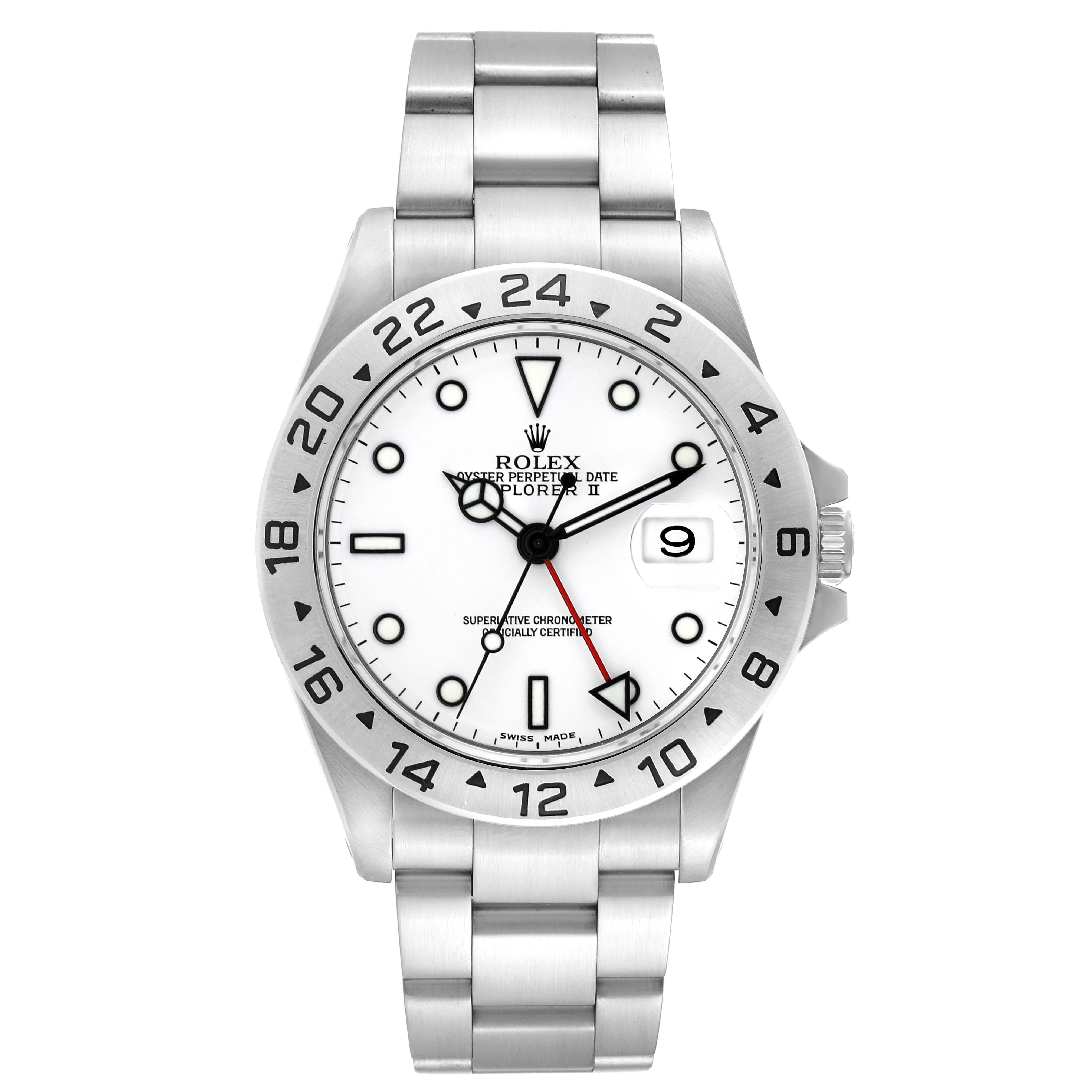 The image shows a front view of a Rolex Explorer 16570 Men's Stainless Steel White Dial 16570 Men's Stainless Steel White Dial watch, featuring its bezel, dial, hands, bracelet, and date window.