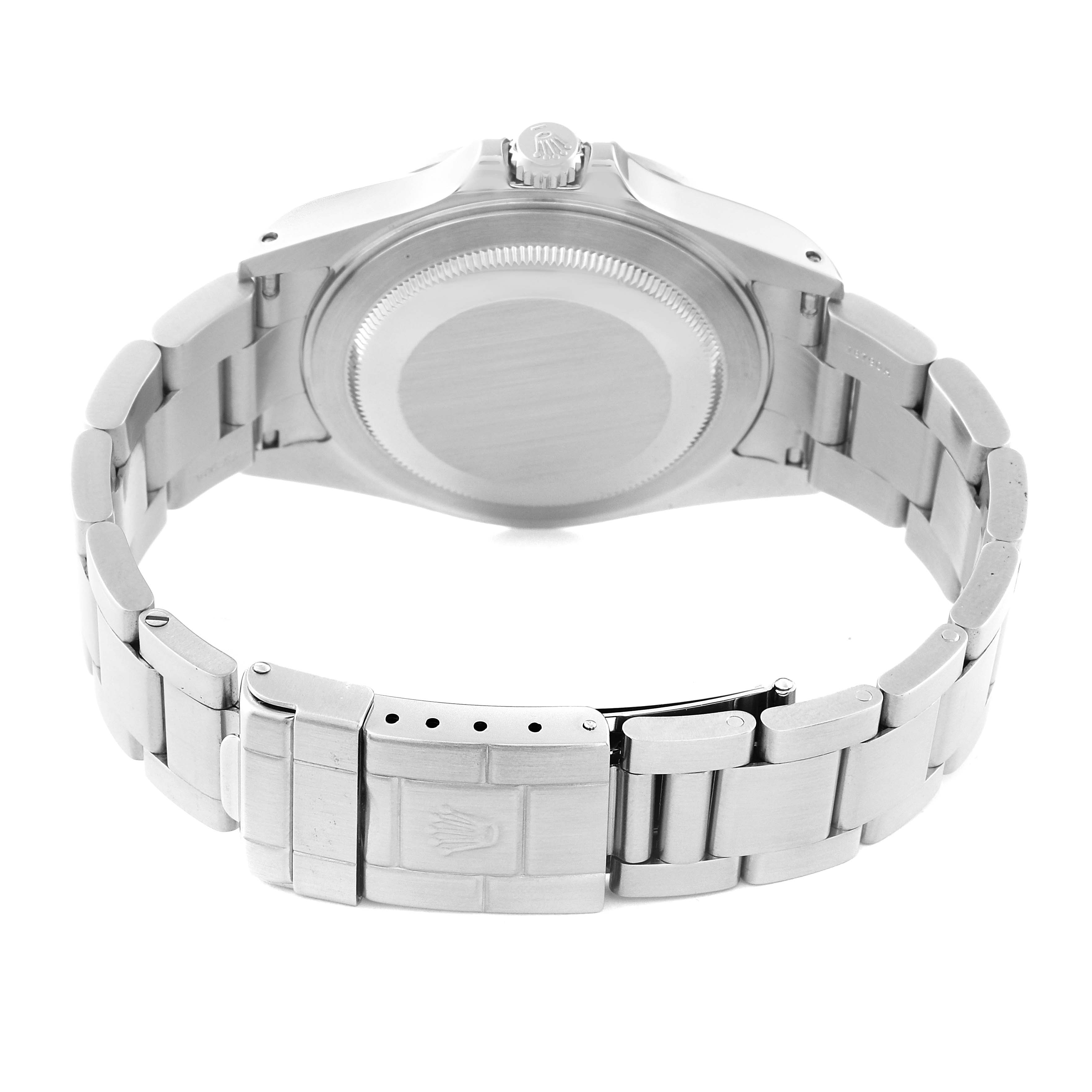 The image shows the back case and bracelet of a Rolex Explorer 16570 Men's Stainless Steel White Dial 16570 Men's Stainless Steel White Dial model watch from a rear angle.