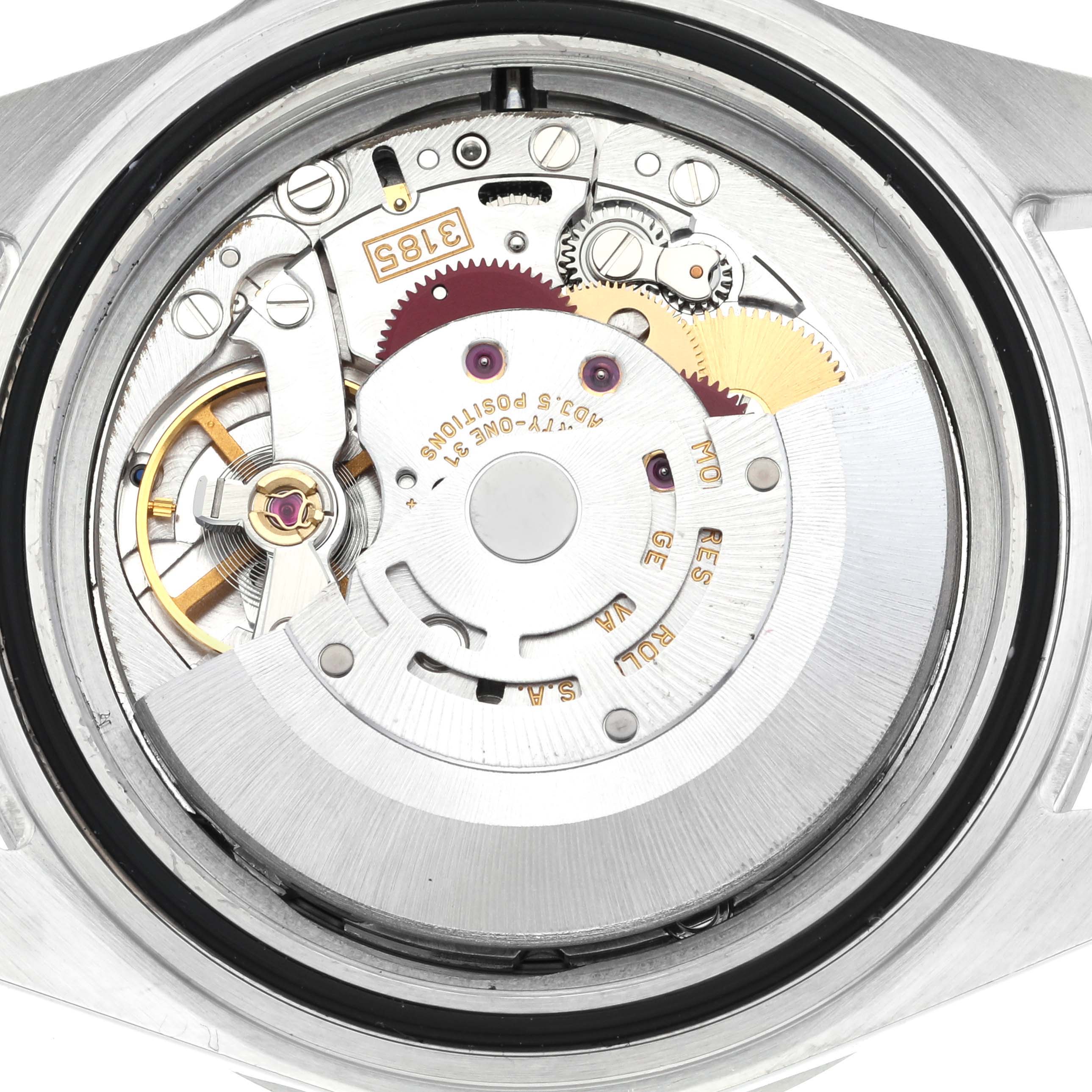 This is an image of the inner movement mechanism of a Rolex Explorer 16570 Men's Stainless Steel White Dial 16570 Men's Stainless Steel White Dial watch, showing its components and intricate details.