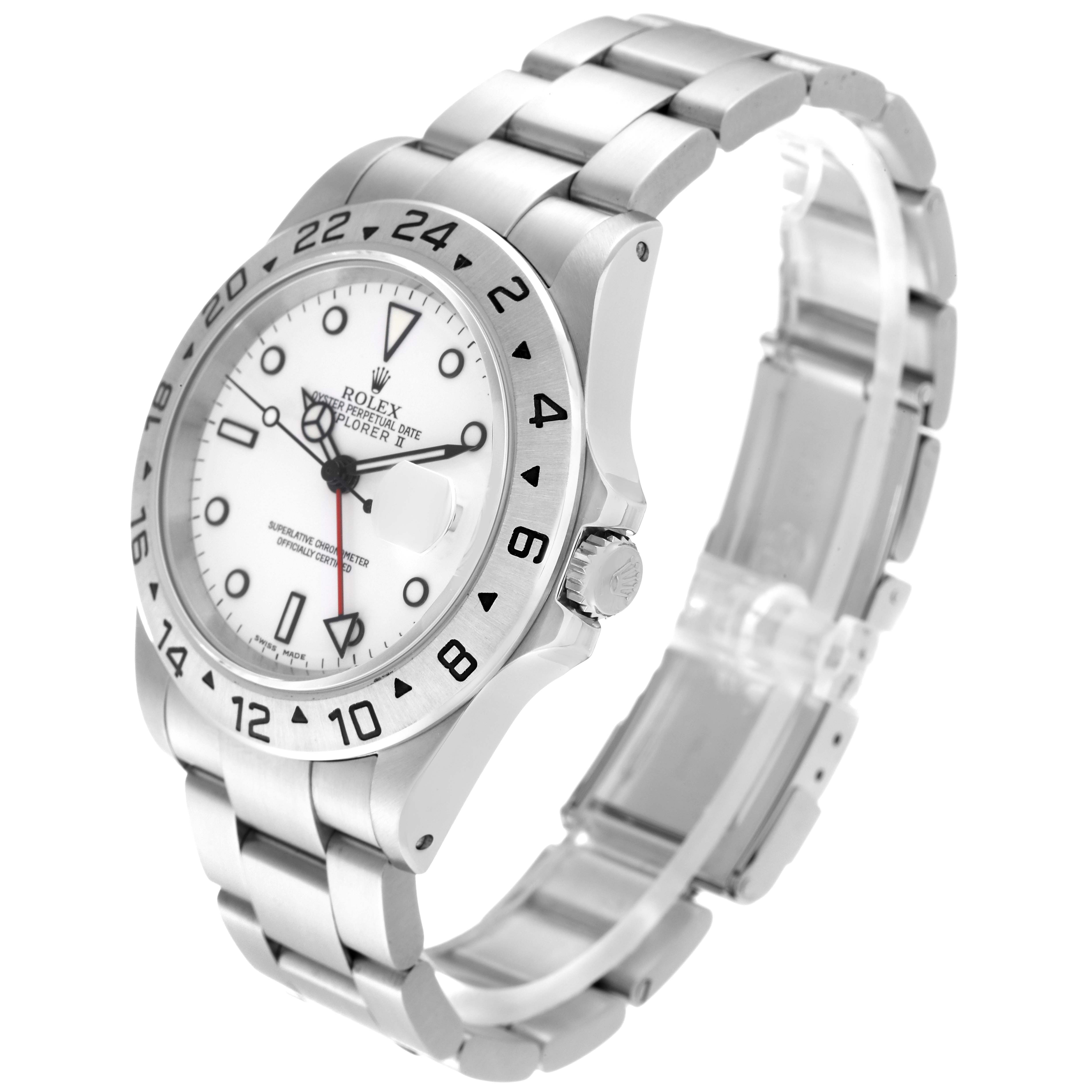 The image shows a side and frontal angle of a Rolex Explorer 16570 Men's Stainless Steel White Dial 16570 Men's Stainless Steel White Dial watch, highlighting the bezel, crown, dial, and stainless steel bracelet.