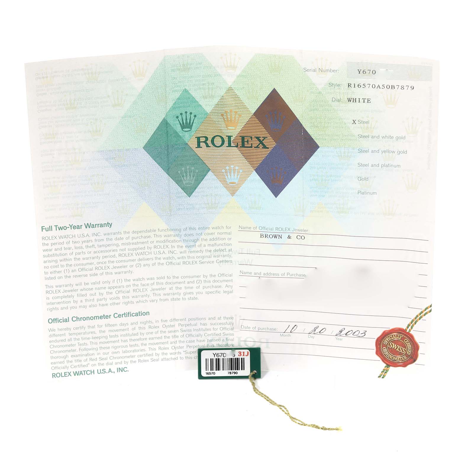 The image shows a warranty certificate and tags for a Rolex Explorer 16570 Men's Stainless Steel White Dial 16570 Men's Stainless Steel White Dial model watch.