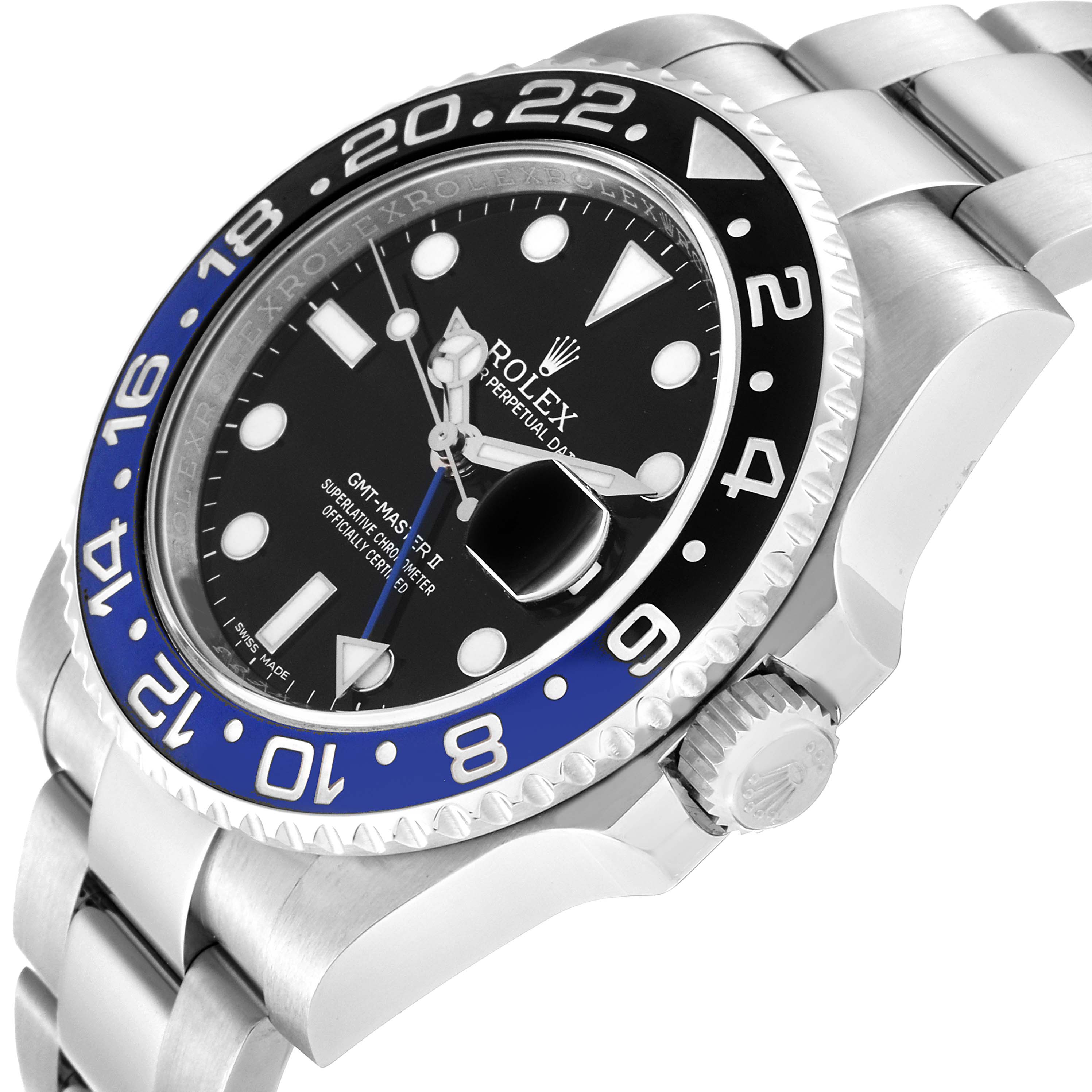 The Rolex GMT-Master 116710BLNR Men's Stainless Steel Black Dial 116710BLNR Men's Stainless Steel Black Dial watch is shown from an angled side view, highlighting the black and blue bezel, dial, and part of the bracelet.