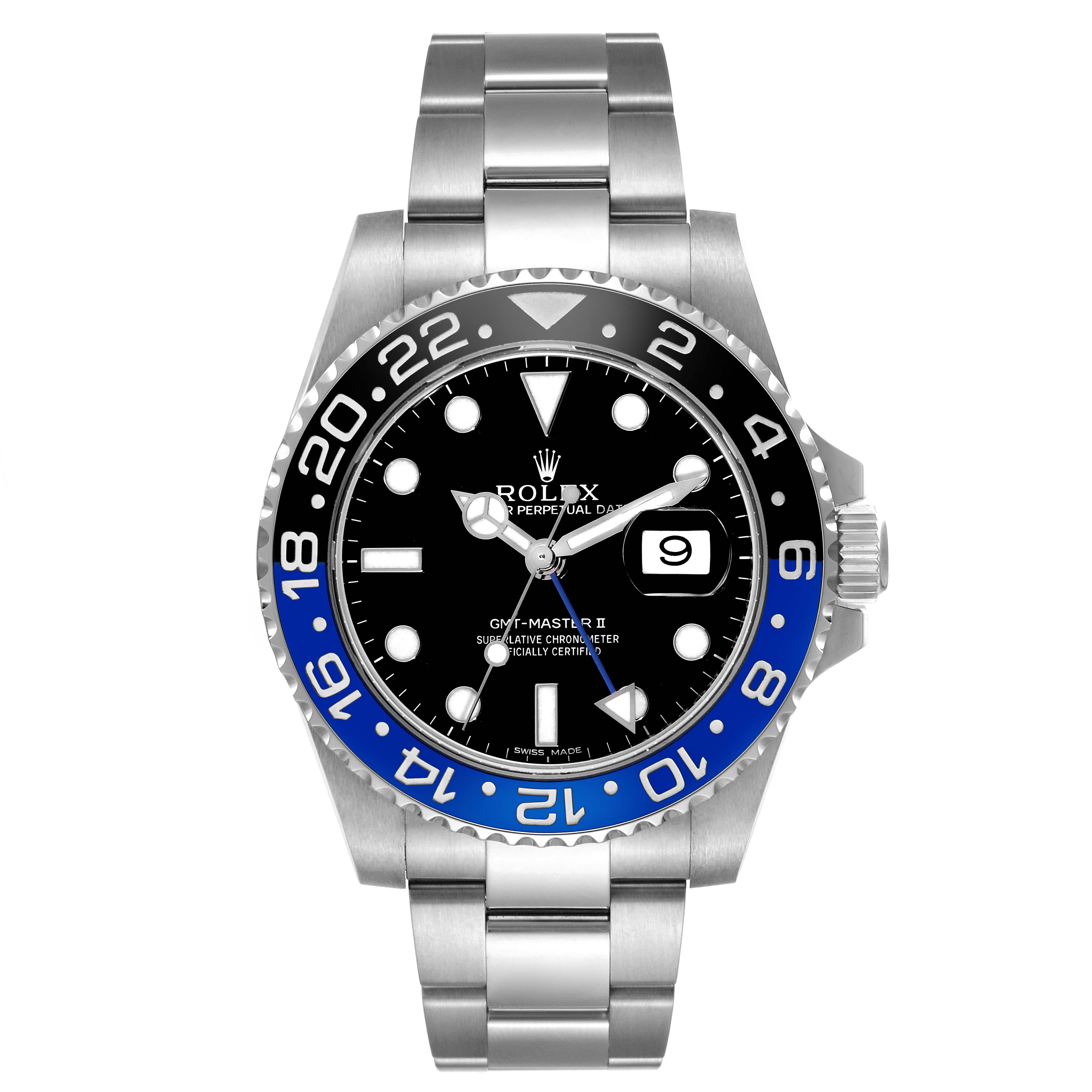 This Rolex GMT-Master 116710BLNR Men's Stainless Steel Black Dial 116710BLNR Men's Stainless Steel Black Dial model watch is shown from a front angle, displaying its bezel, face, and bracelet.
