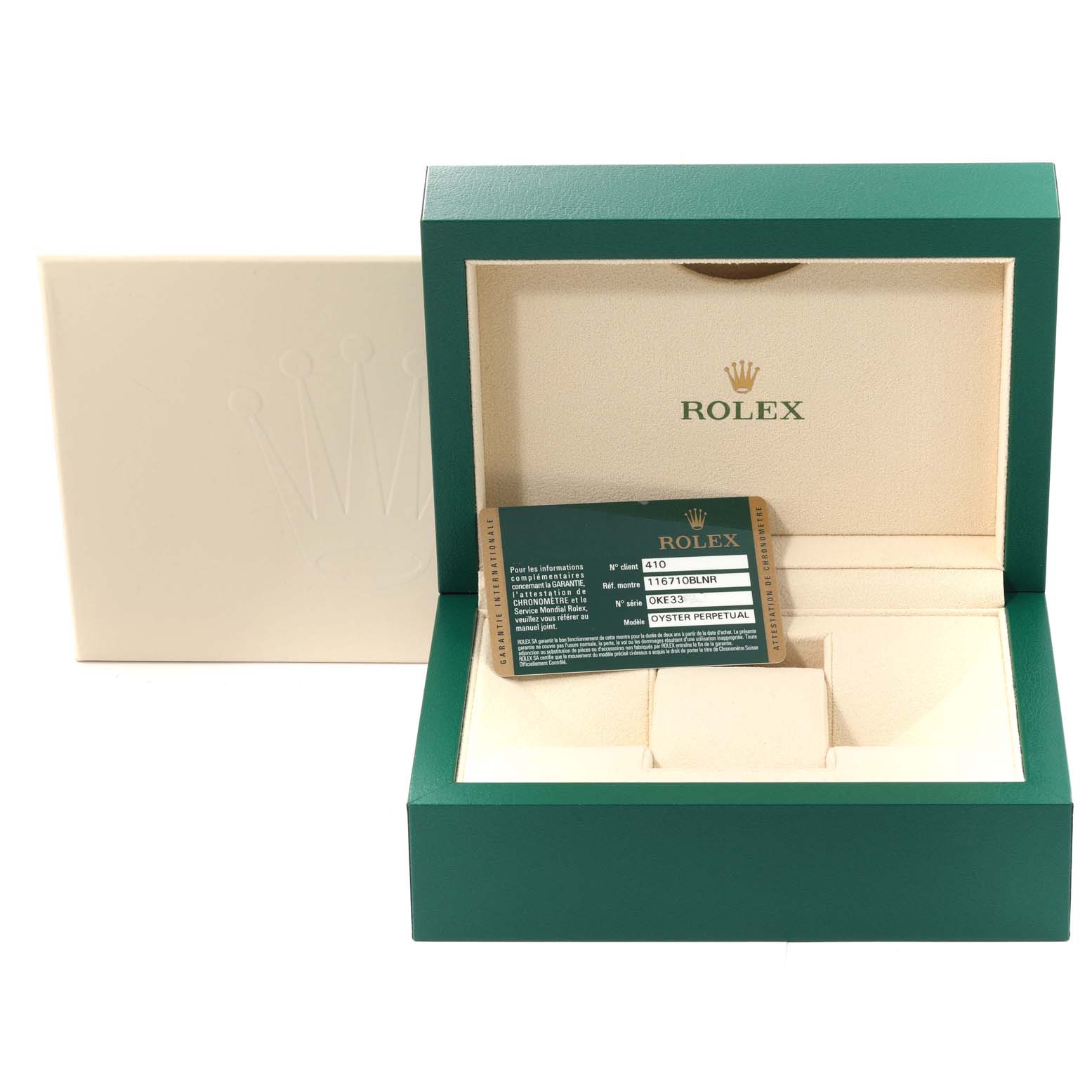The image shows the open box and warranty card for a Rolex GMT-Master 116710BLNR Men's Stainless Steel Black Dial 116710BLNR Men's Stainless Steel Black Dial model.