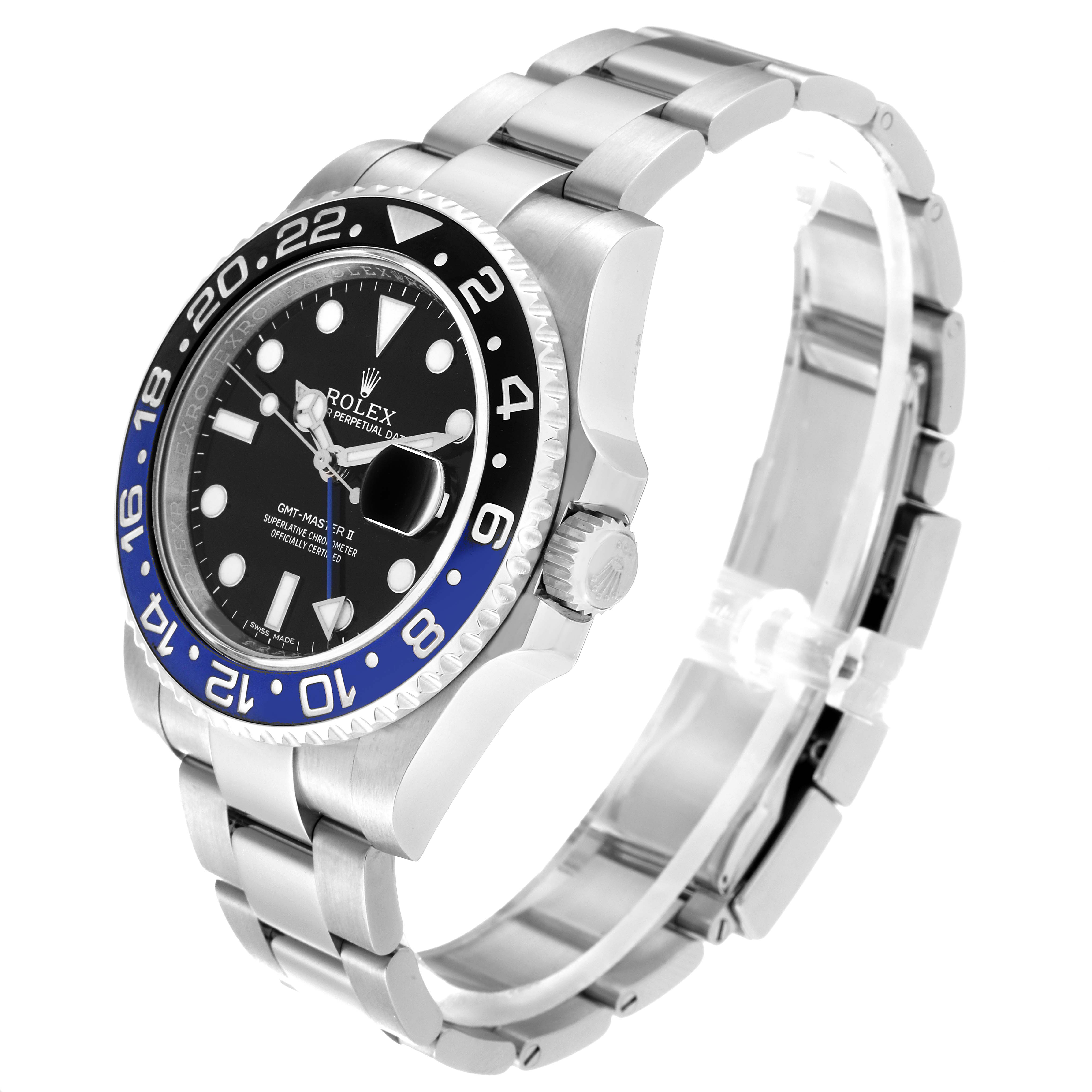 This is a side angle view of a Rolex GMT-Master 116710BLNR Men's Stainless Steel Black Dial 116710BLNR Men's Stainless Steel Black Dial watch, showing the case, bezel, dial, and bracelet.