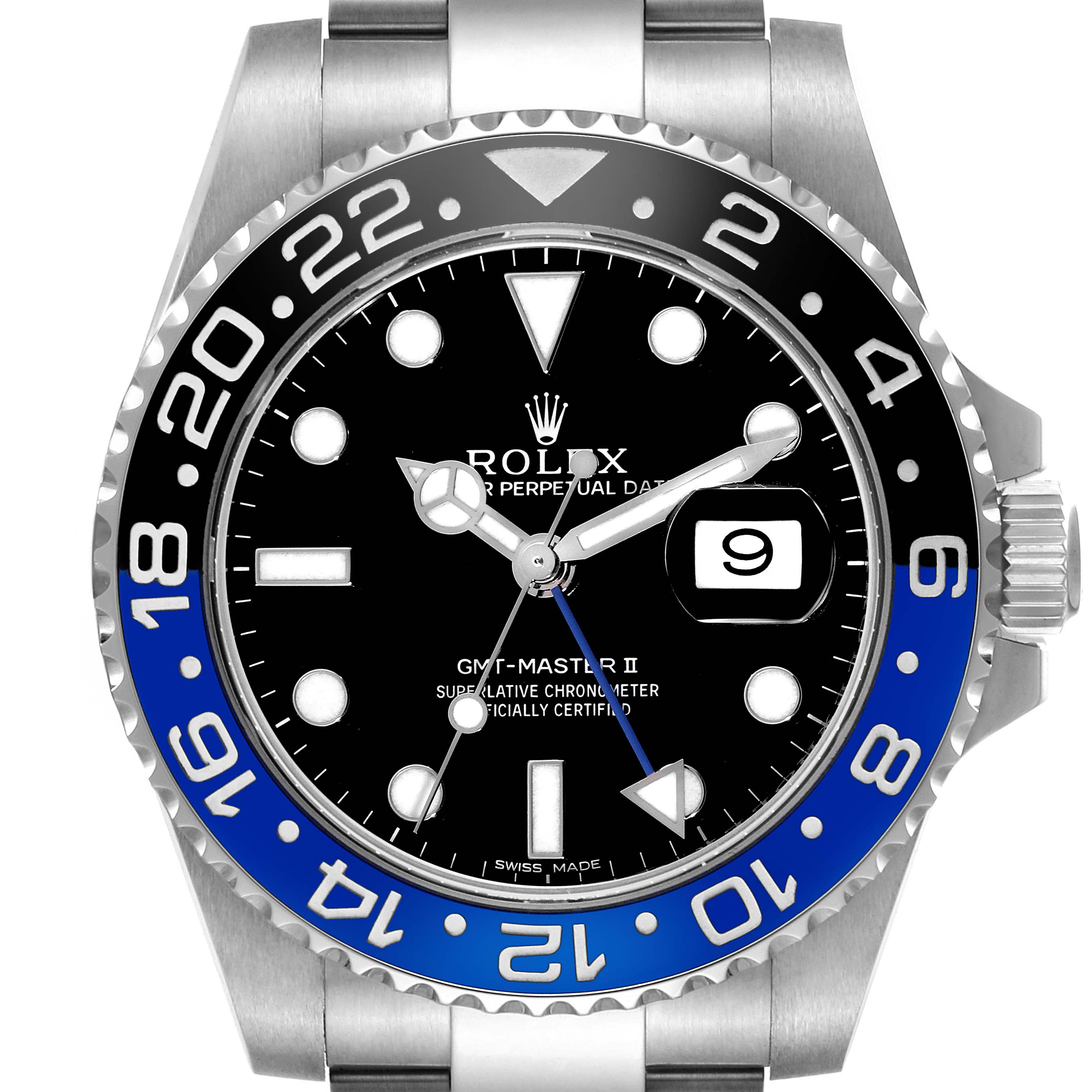 The image shows a Rolex GMT-Master 116710BLNR Men's Stainless Steel Black Dial 116710BLNR Men's Stainless Steel Black Dial II watch from a front angle, highlighting its dial, bezel, and part of the bracelet.