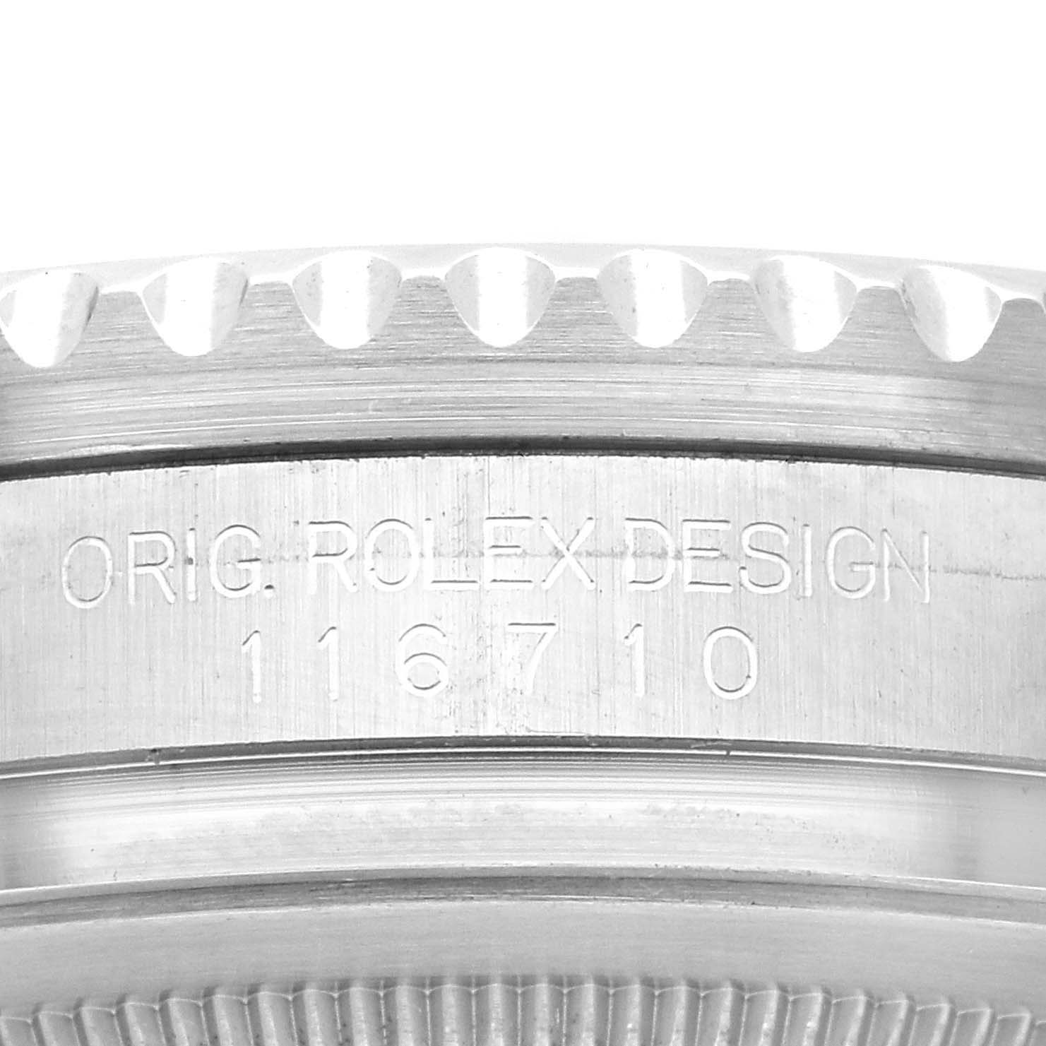 The image shows a close-up of the bezel and case side of a Rolex GMT-Master 116710BLNR Men's Stainless Steel Black Dial 116710BLNR Men's Stainless Steel Black Dial, displaying "ORIG. ROLEX DESIGN 116710" engraving.