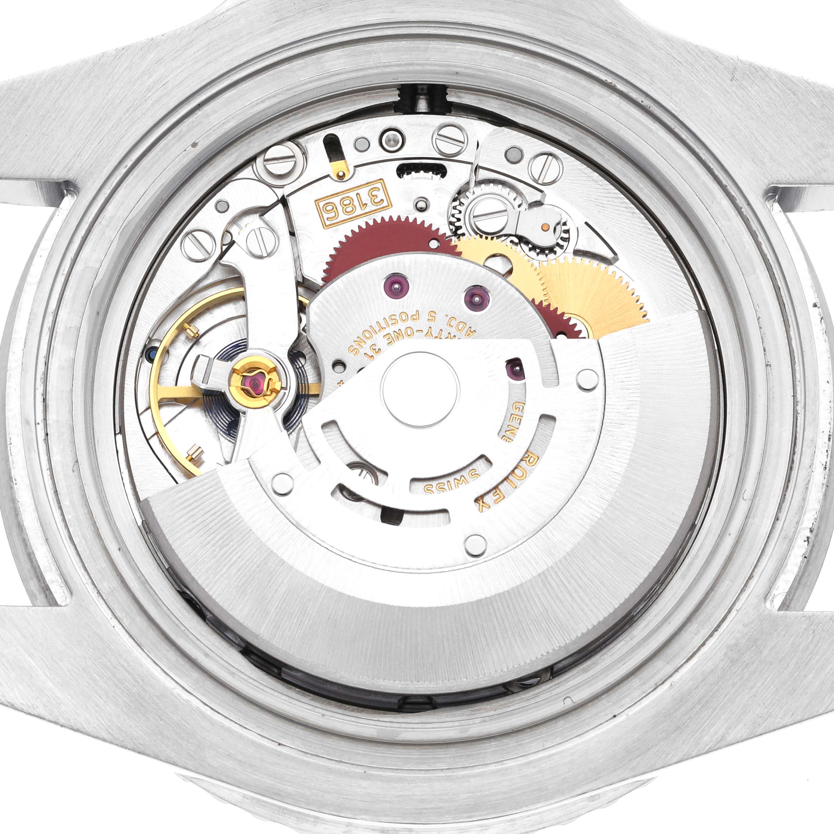 The image shows an open back view of the internal movement and mechanism of a Rolex GMT-Master 116710BLNR Men's Stainless Steel Black Dial 116710BLNR Men's Stainless Steel Black Dial watch.