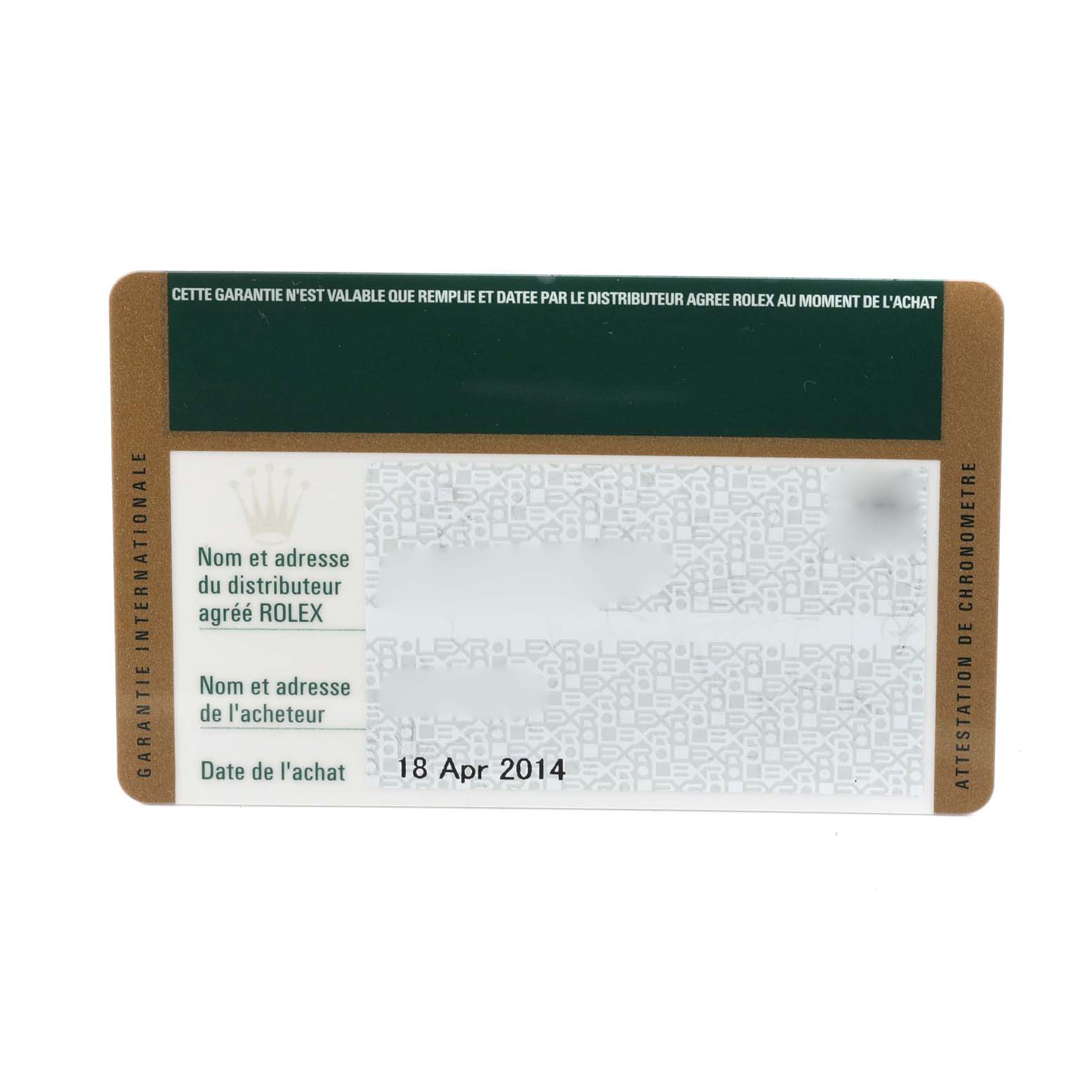 The image shows a warranty card for the GMT-Master model by Rolex, displaying purchase details and certification.