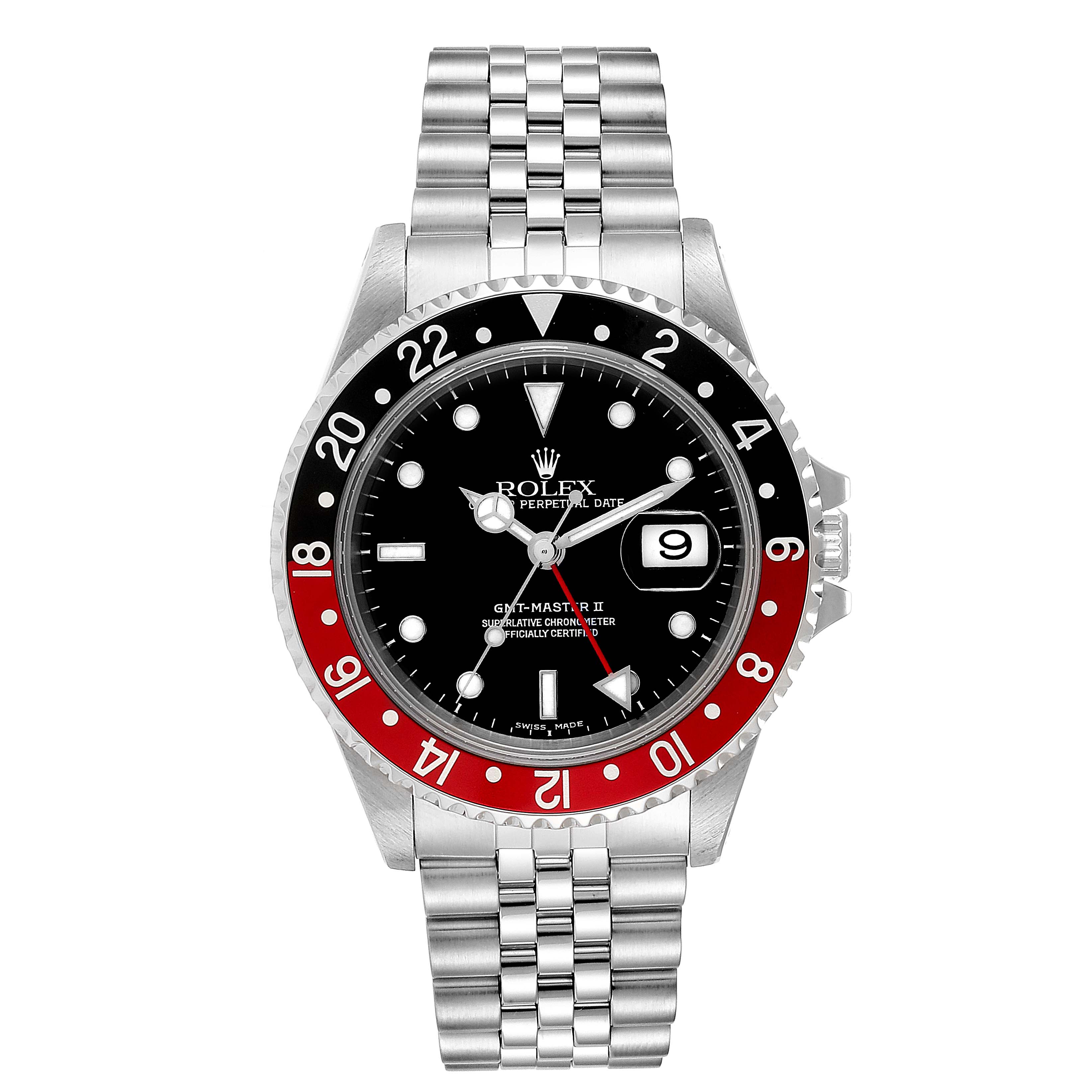 This image shows a Rolex GMT-Master 16710 Men's Stainless Steel Black Dial 16710 Men's Stainless Steel Black Dial II watch from a front angle, highlighting its dial, bezel, and bracelet.
