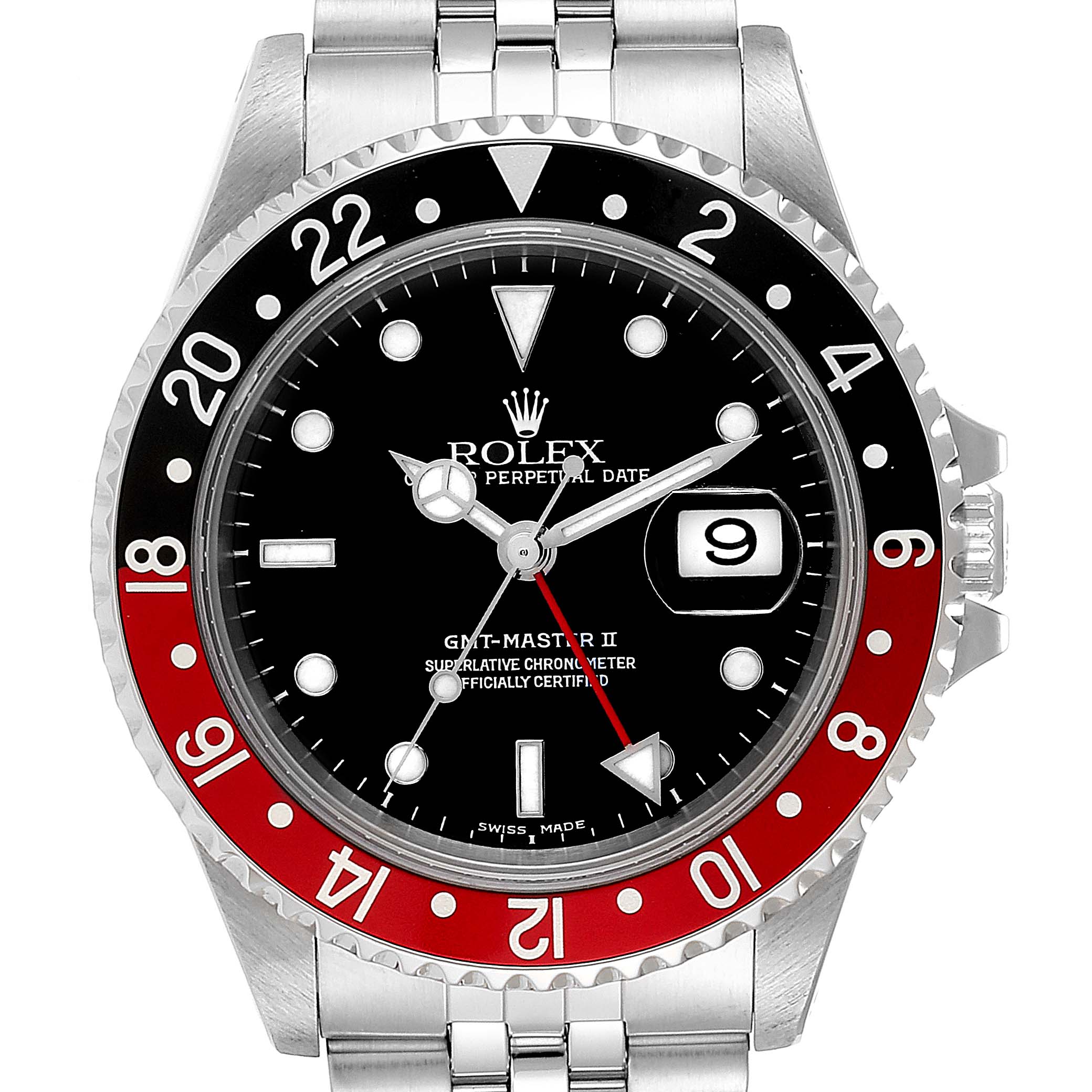 This is a front view of a Rolex GMT-Master 16710 Men's Stainless Steel Black Dial 16710 Men's Stainless Steel Black Dial II watch, showcasing its dial, bezel, and stainless steel bracelet.