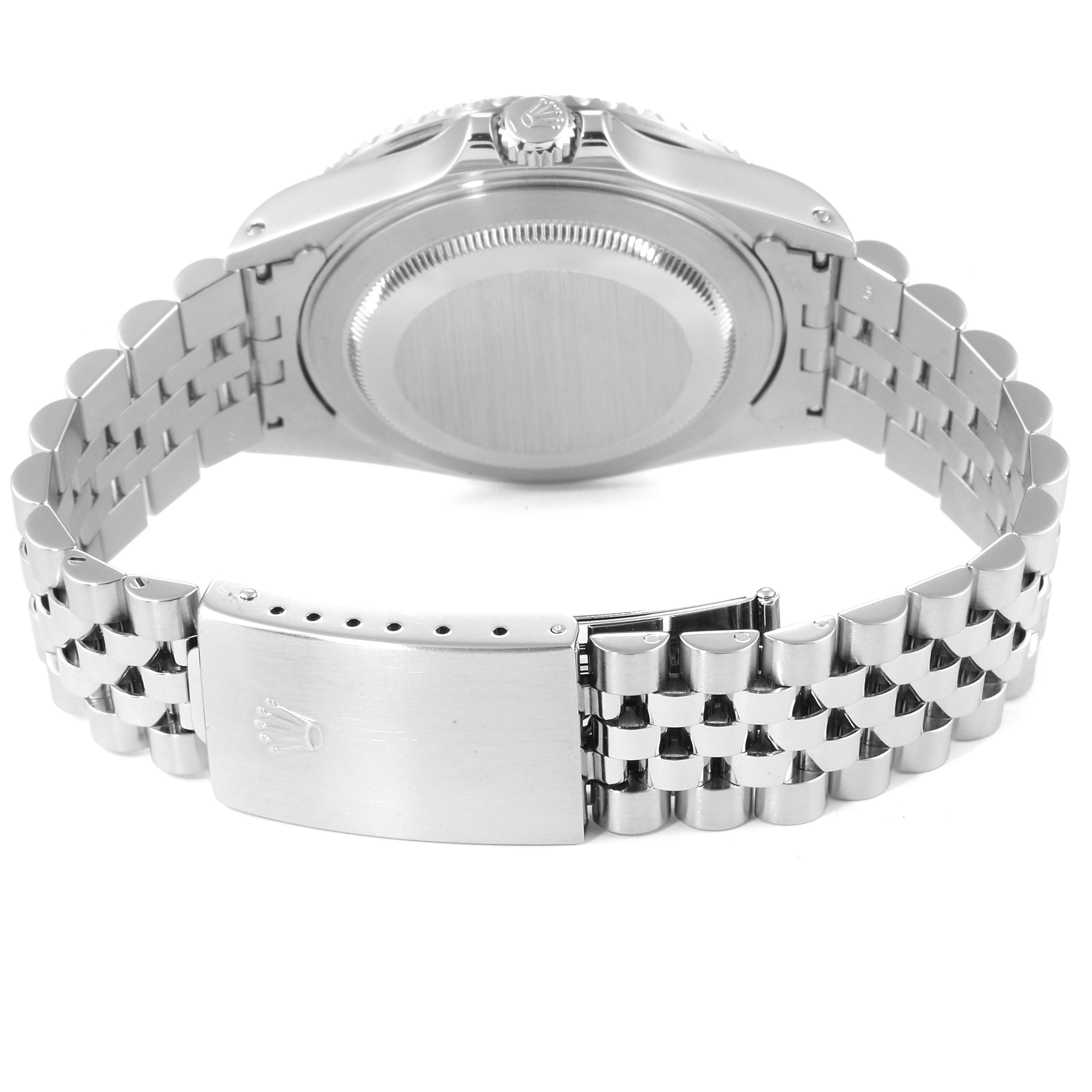 This image shows the back angle of a Rolex GMT-Master 16710 Men's Stainless Steel Black Dial 16710 Men's Stainless Steel Black Dial watch, highlighting its case back and Jubilee bracelet clasp.