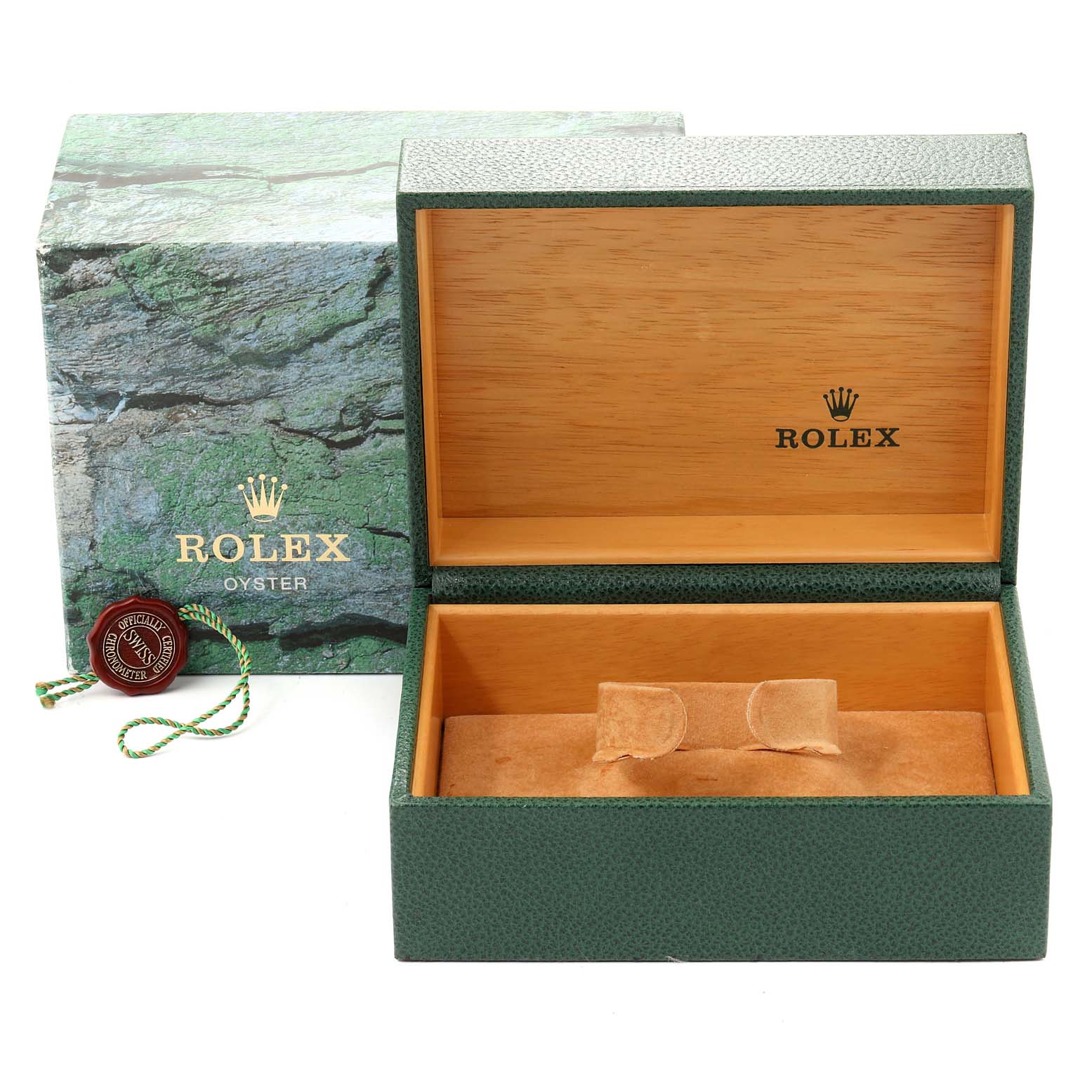 The image shows an open Rolex GMT-Master 16710 Men's Stainless Steel Black Dial 16710 Men's Stainless Steel Black Dial watch box with green exterior and wooden interior, alongside its outer packaging and tag.