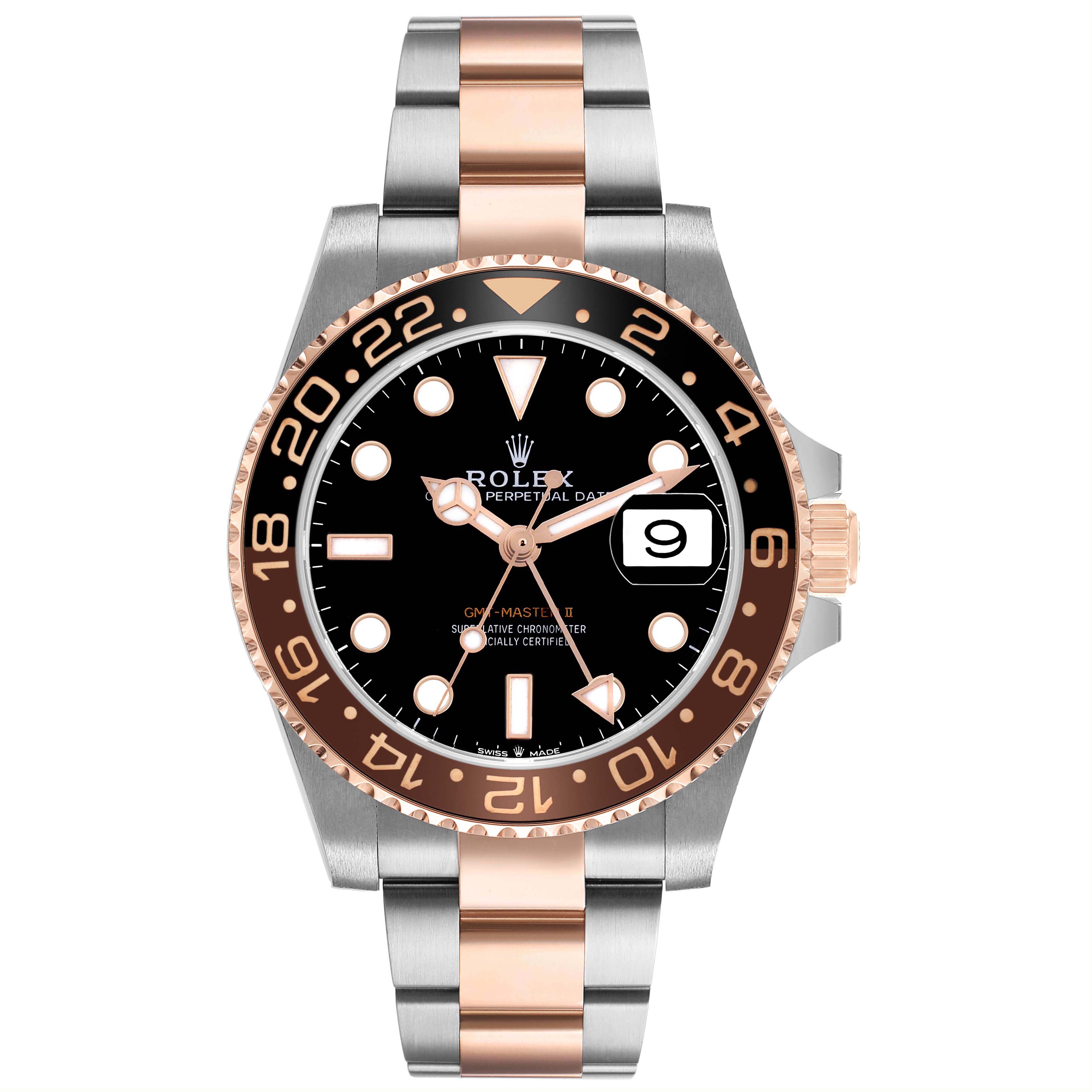 The Rolex GMT-Master 126711CHNR Men's Steel and Gold (two tone) Black Dial watch is shown from a front angle, highlighting its two-tone bezel and bracelet, and the date feature.