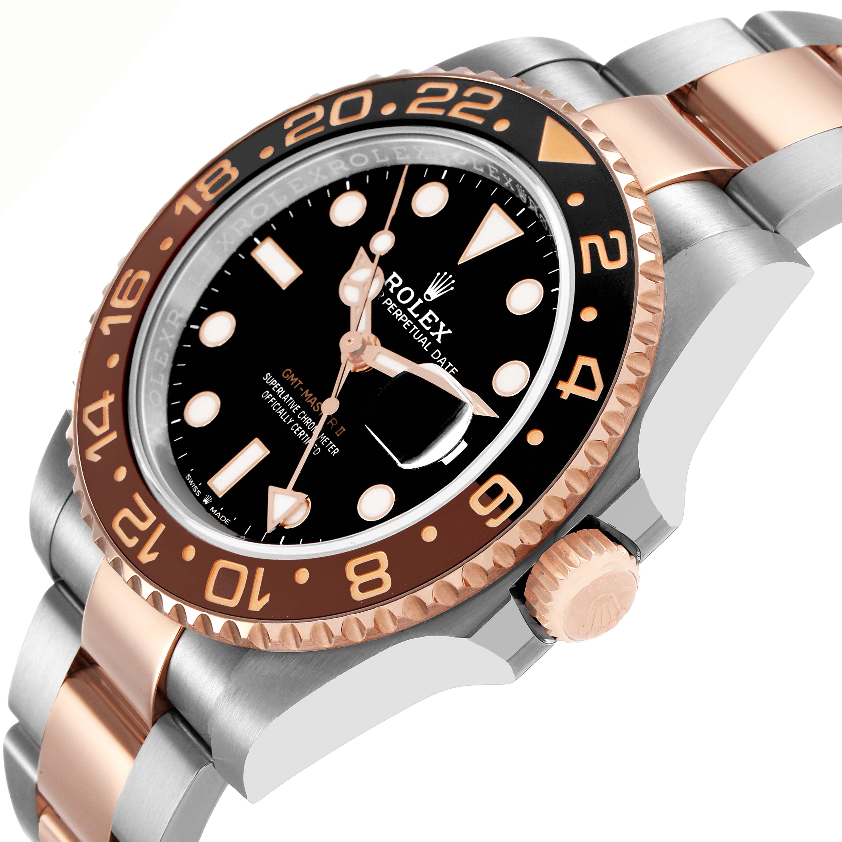 The Rolex GMT-Master 126711CHNR Men's Steel and Gold (two tone) Black Dial watch is shown from a side angle, highlighting the bezel, dial, crown, and bracelet links.