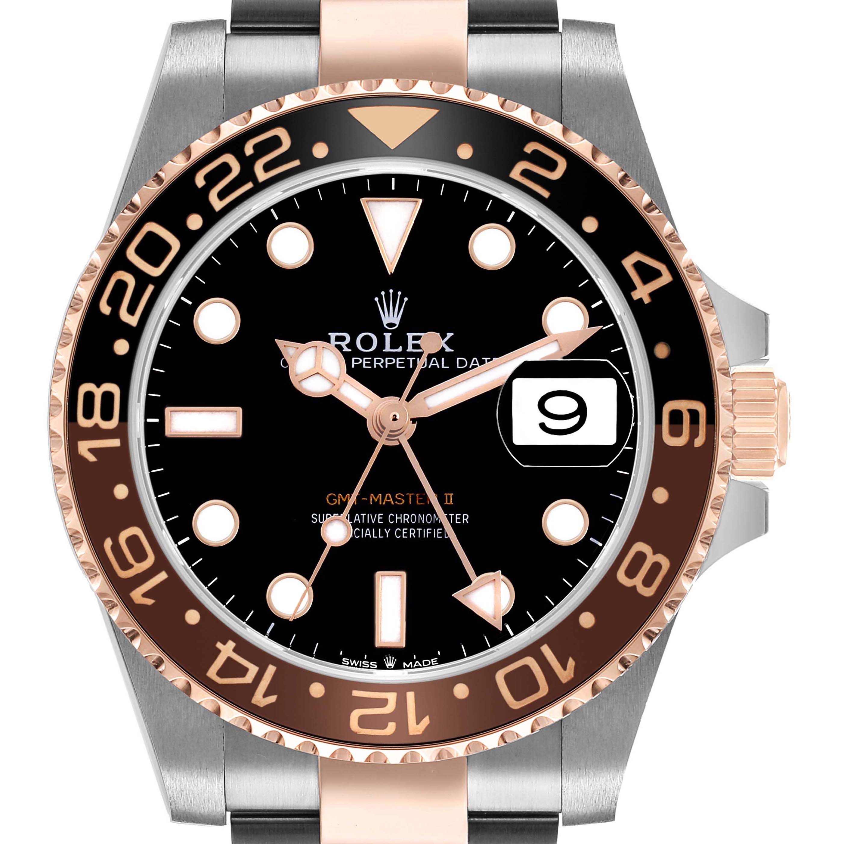 The Rolex GMT-Master 126711CHNR Men's Steel and Gold (two tone) Black Dial watch is shown from a front angle, highlighting the bezel, face, hands, and date window.