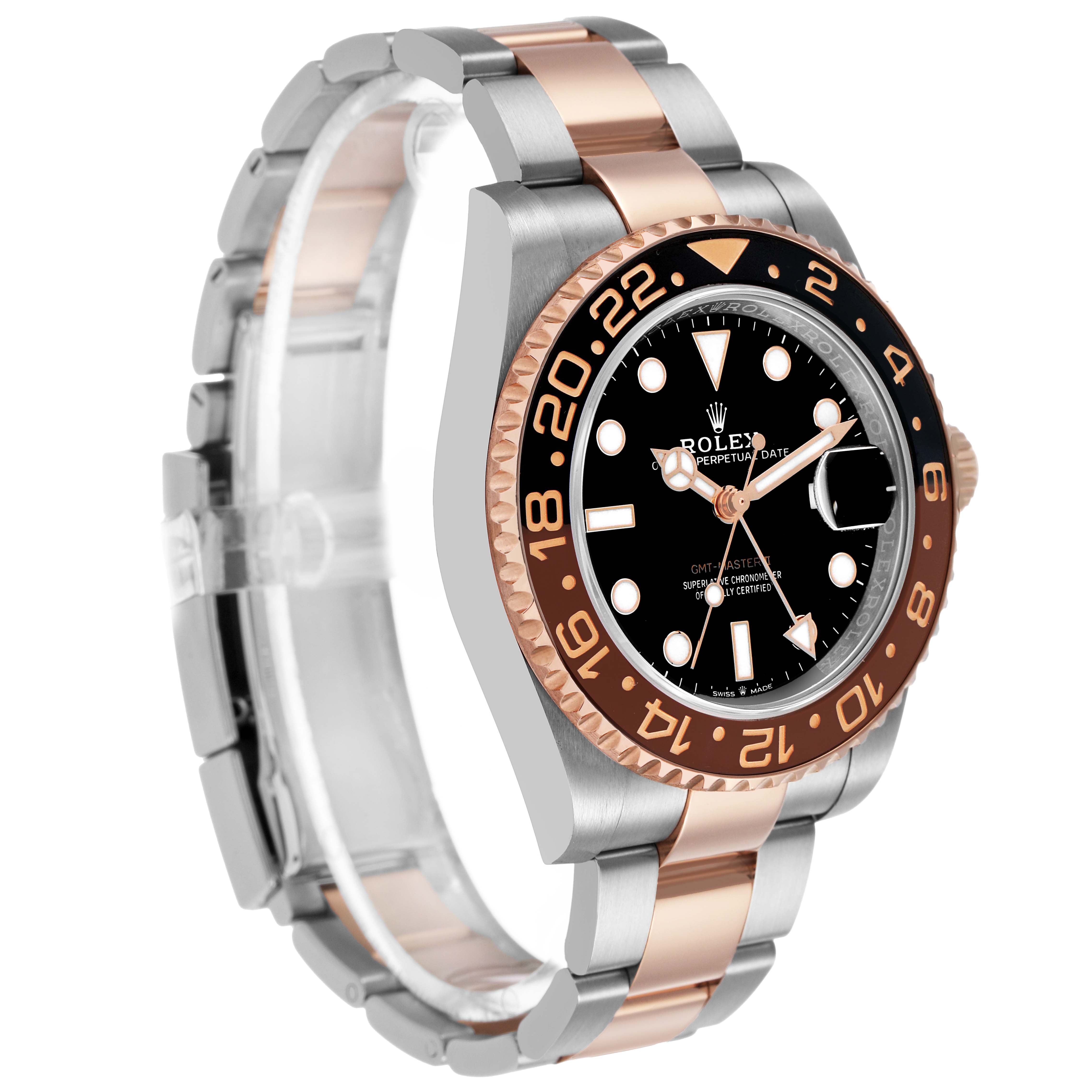 The Rolex GMT-Master 126711CHNR Men's Steel and Gold (two tone) Black Dial watch is shown at a three-quarter angle, highlighting the bezel, face, and two-tone bracelet.