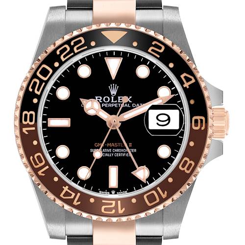 The image shows a frontal view of the Rolex GMT-Master 126711CHNR Men's Steel and Gold (two tone) Black Dial watch, displaying the bezel, dial, and part of the bracelet.