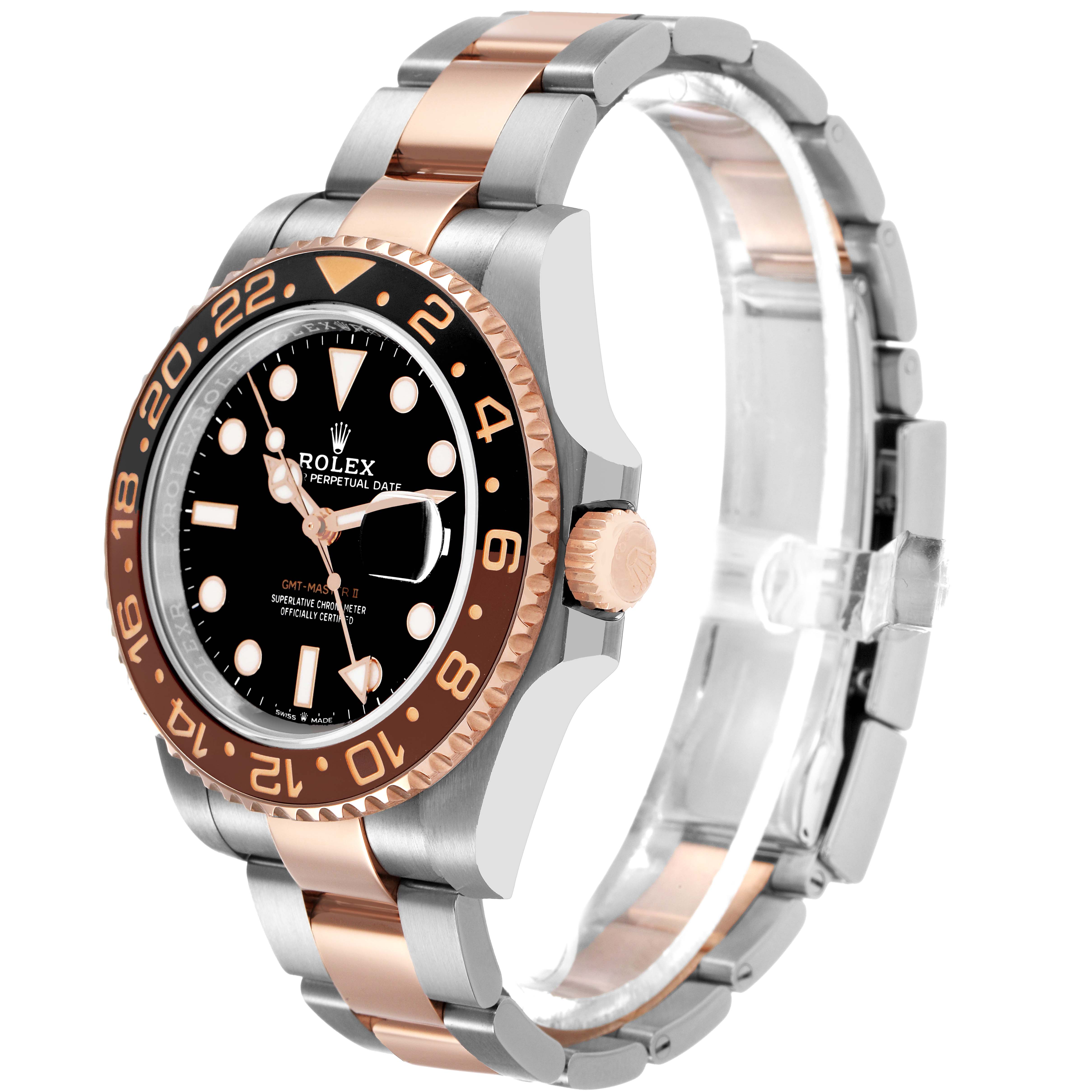 The Rolex GMT-Master 126711CHNR Men's Steel and Gold (two tone) Black Dial watch is shown at a front-side angle, highlighting the bezel, dial, and bracelet.