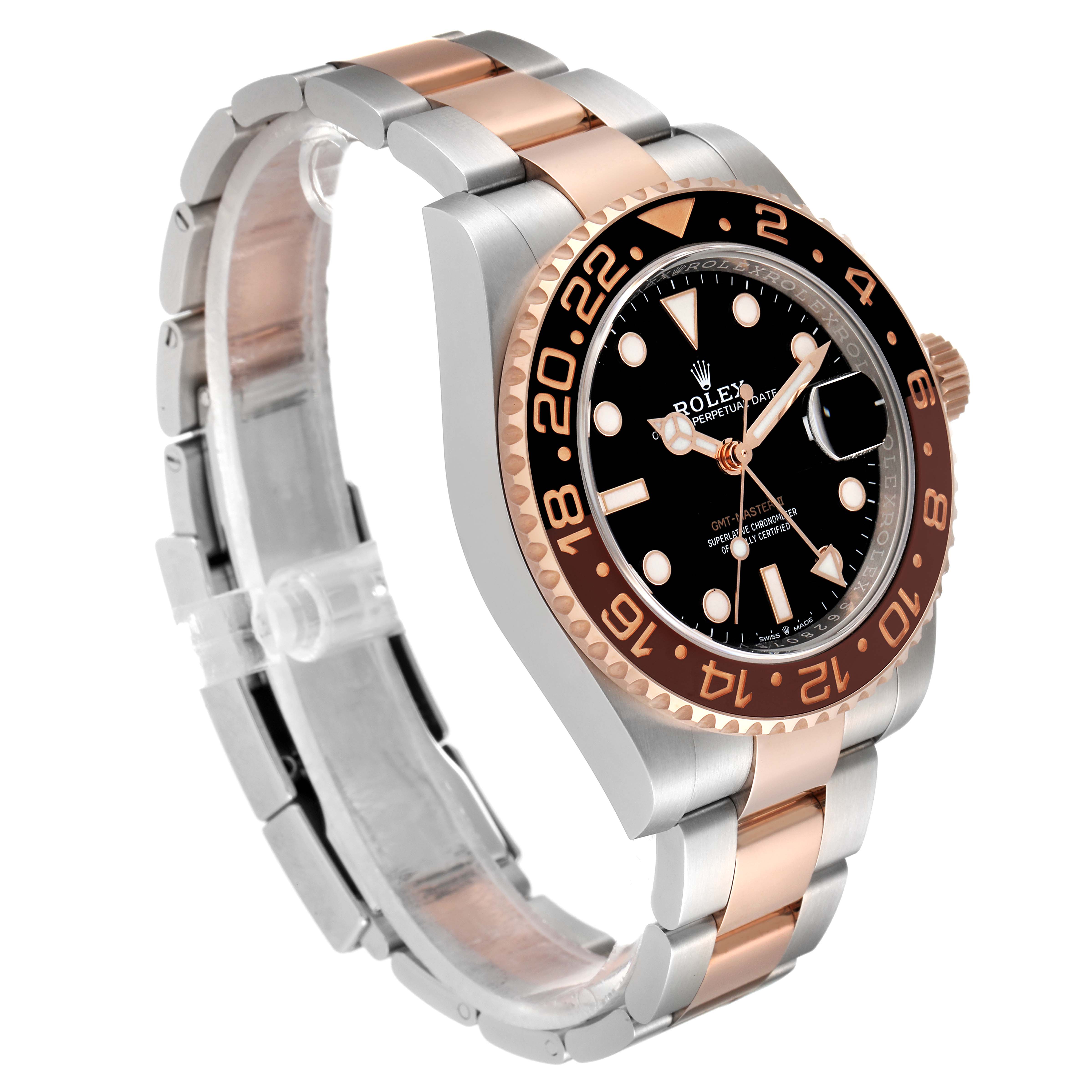 The image shows a side-angle view of a Rolex GMT-Master 126711 Men's Steel and Gold (two tone) Black Dial 126711 Men's Steel and Gold (two tone) Black Dial watch, highlighting its two-tone band, bezel, crown, and face.