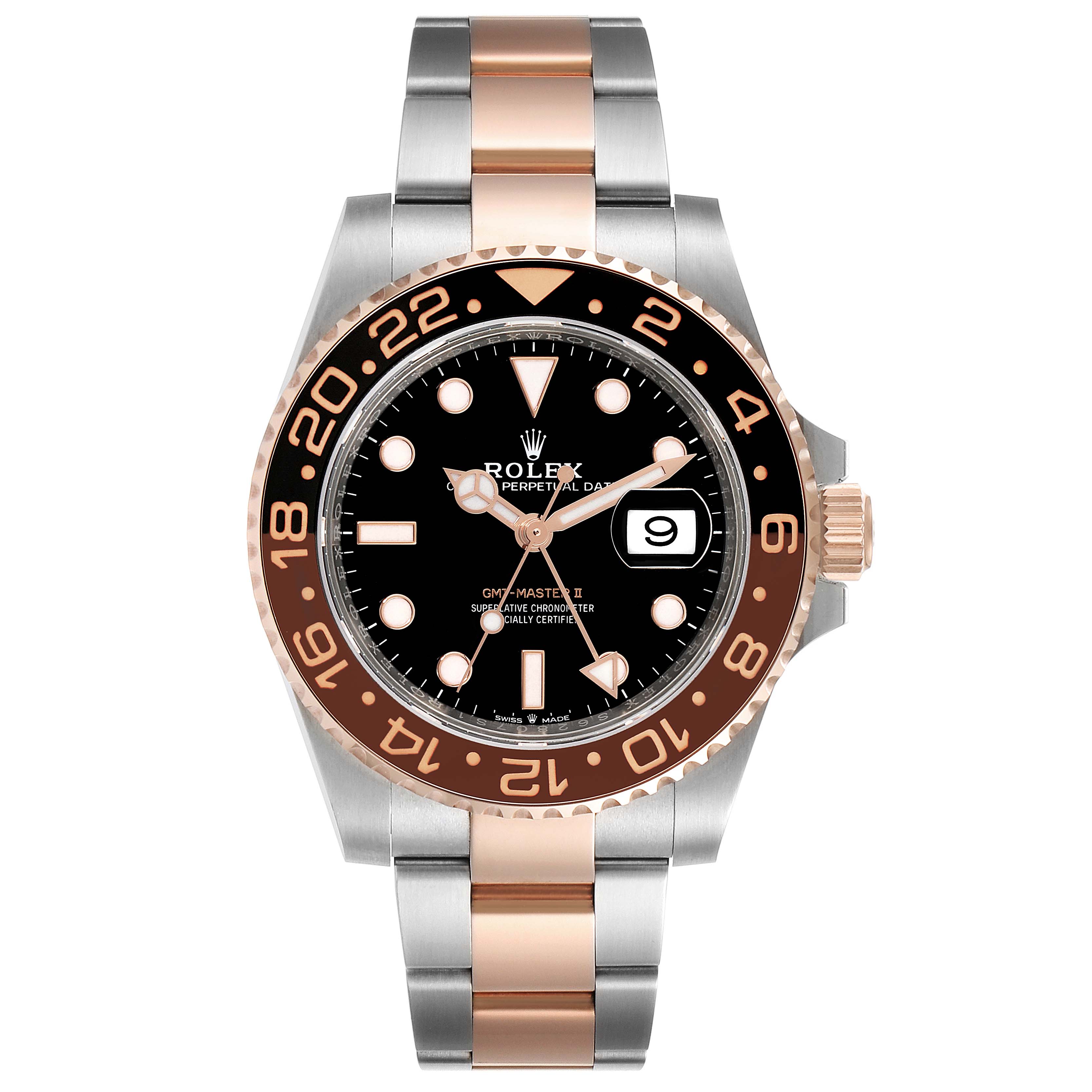 This Rolex GMT-Master 126711 Men's Steel and Gold (two tone) Black Dial 126711 Men's Steel and Gold (two tone) Black Dial II watch is shown from a front view, displaying the dial, bezel, hands, crown, bracelet, and date window.