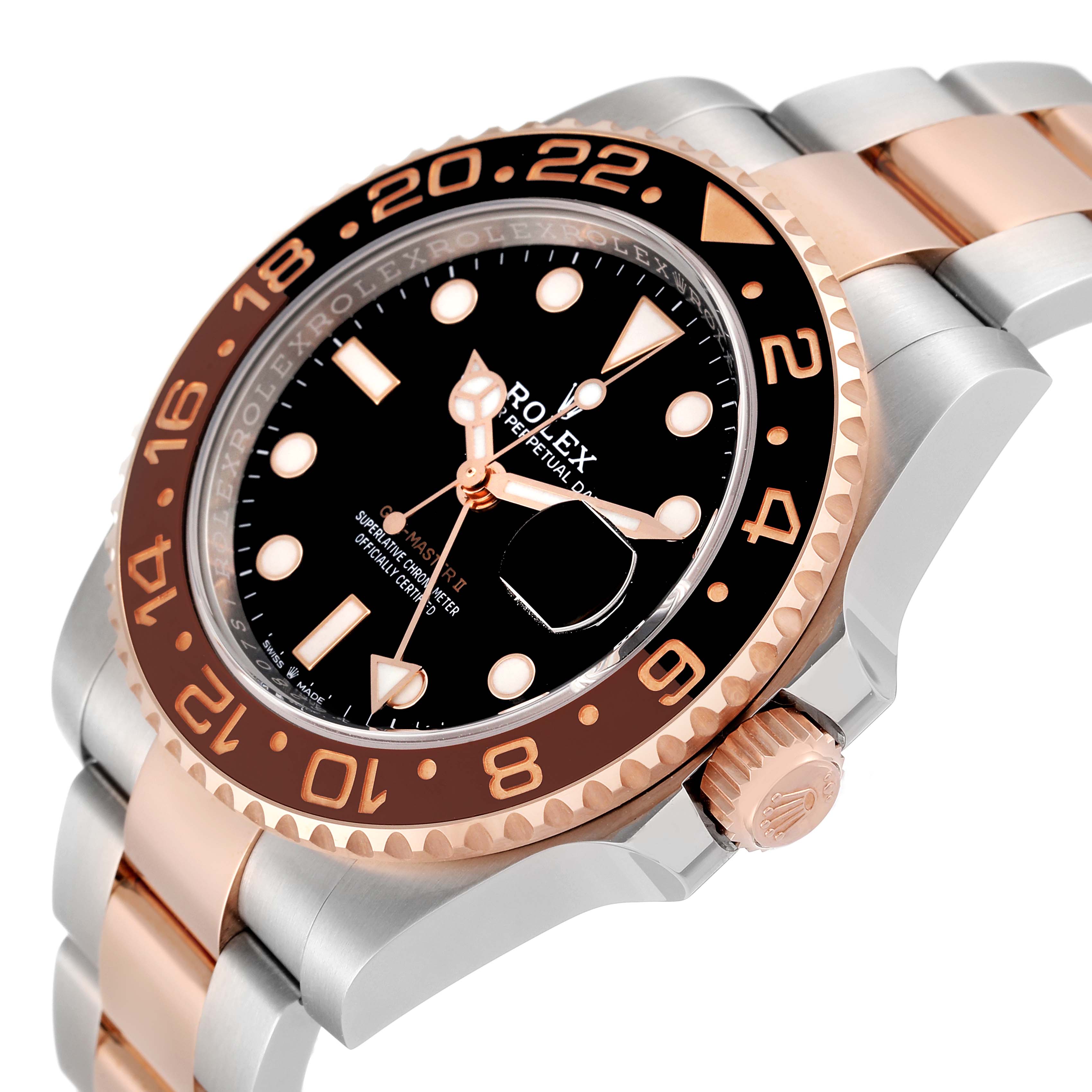 The image shows a side angle of the Rolex GMT-Master 126711 Men's Steel and Gold (two tone) Black Dial 126711 Men's Steel and Gold (two tone) Black Dial model, displaying the bezel, dial, crown, and bracelet.