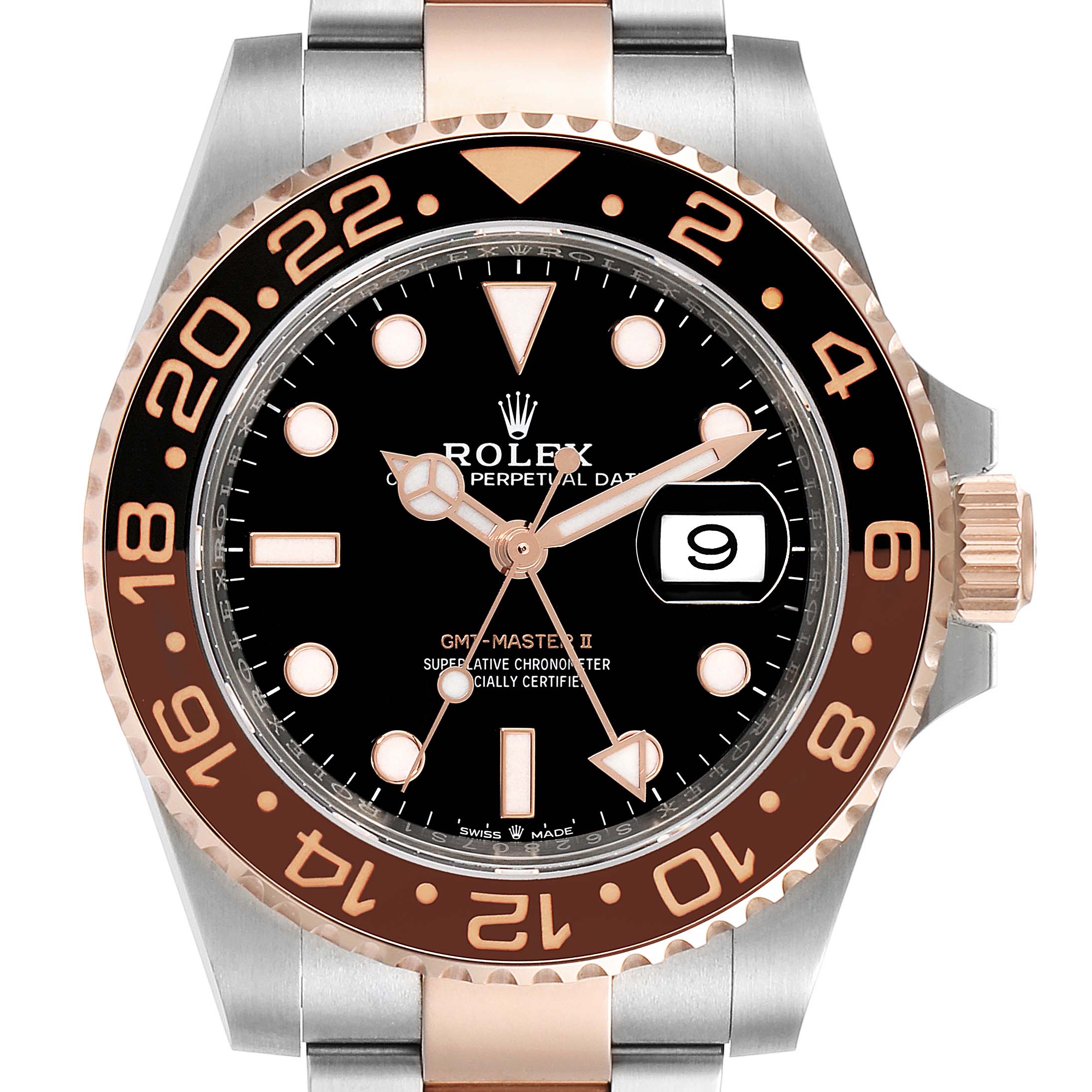 The image shows a front view of a Rolex GMT-Master 126711 Men's Steel and Gold (two tone) Black Dial 126711 Men's Steel and Gold (two tone) Black Dial II, displaying the bezel, dial, hands, crown, and part of the bracelet.