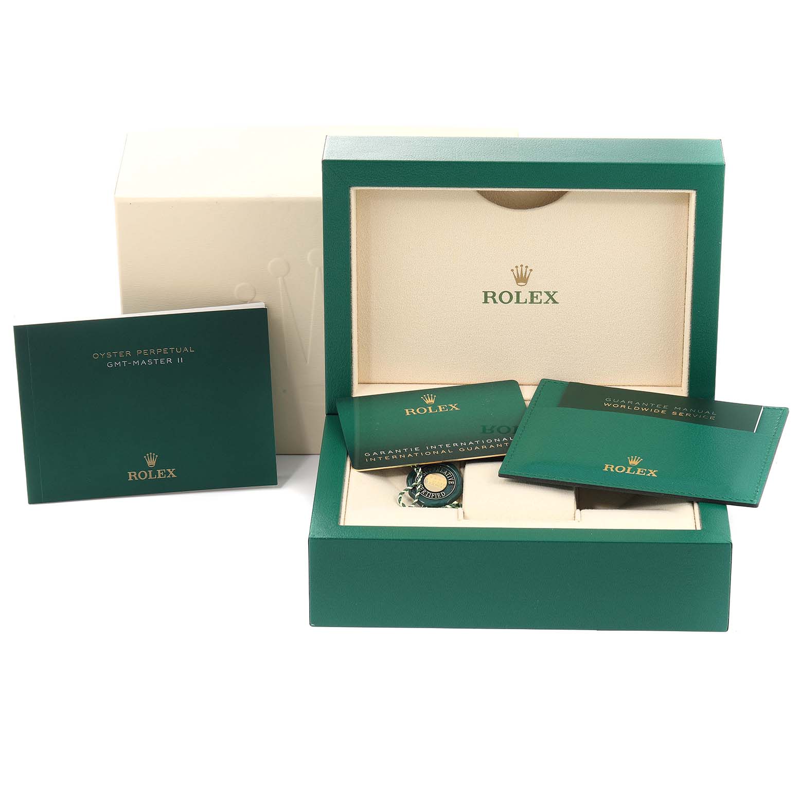 The image shows the packaging, warranty card, manual, and tag for a Rolex GMT-Master 126711 Men's Steel and Gold (two tone) Black Dial 126711 Men's Steel and Gold (two tone) Black Dial II watch, with a partial view of the watch.