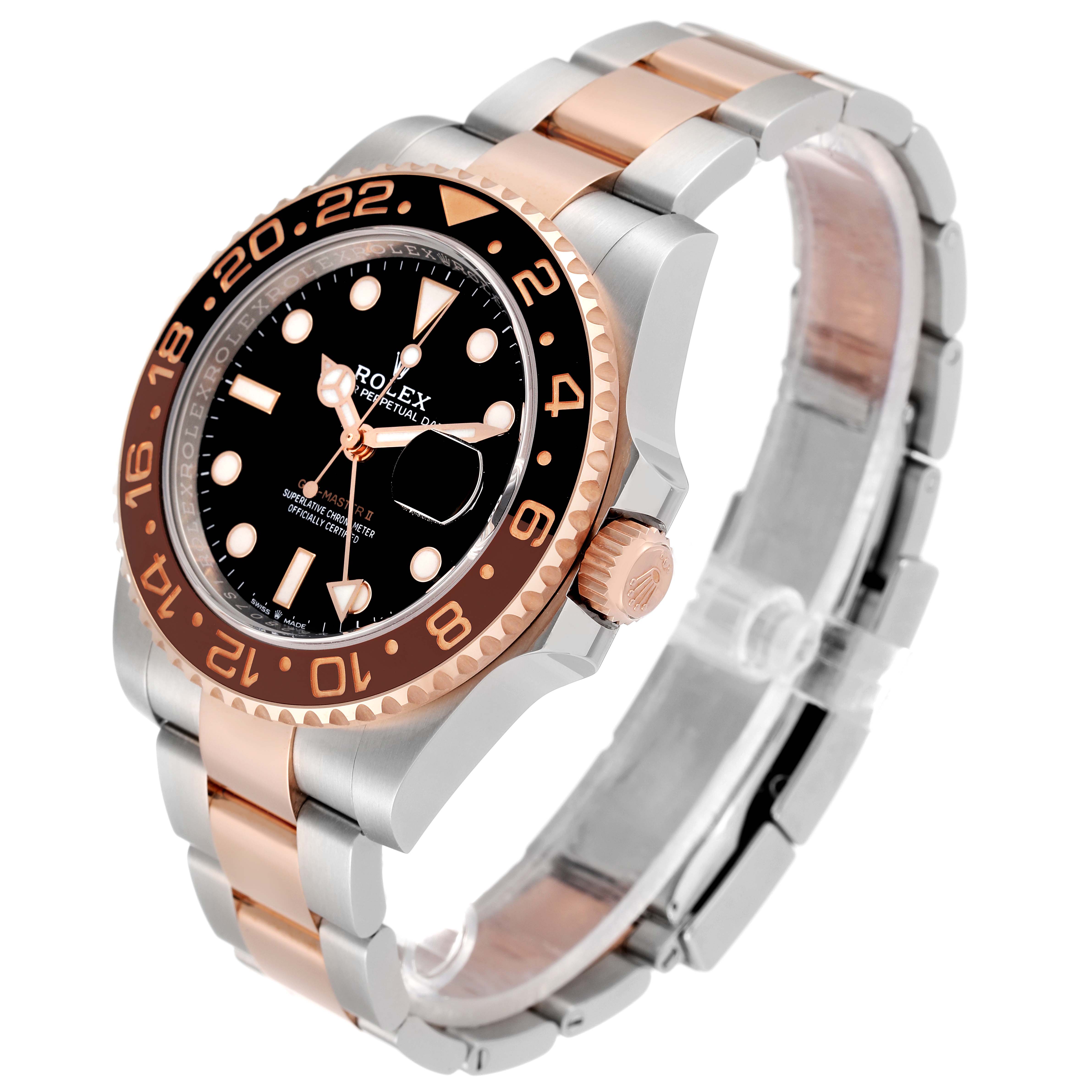 The image shows a Rolex GMT-Master 126711 Men's Steel and Gold (two tone) Black Dial 126711 Men's Steel and Gold (two tone) Black Dial watch at an angle emphasizing the dial, bezel, crown, and bracelet.