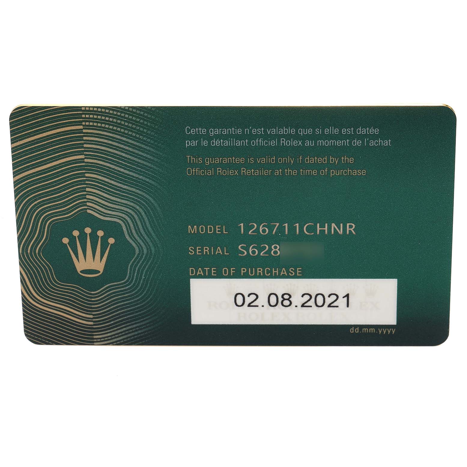 The image shows a warranty card for a Rolex GMT-Master 126711 Men's Steel and Gold (two tone) Black Dial 126711 Men's Steel and Gold (two tone) Black Dial model 126711CHNR.