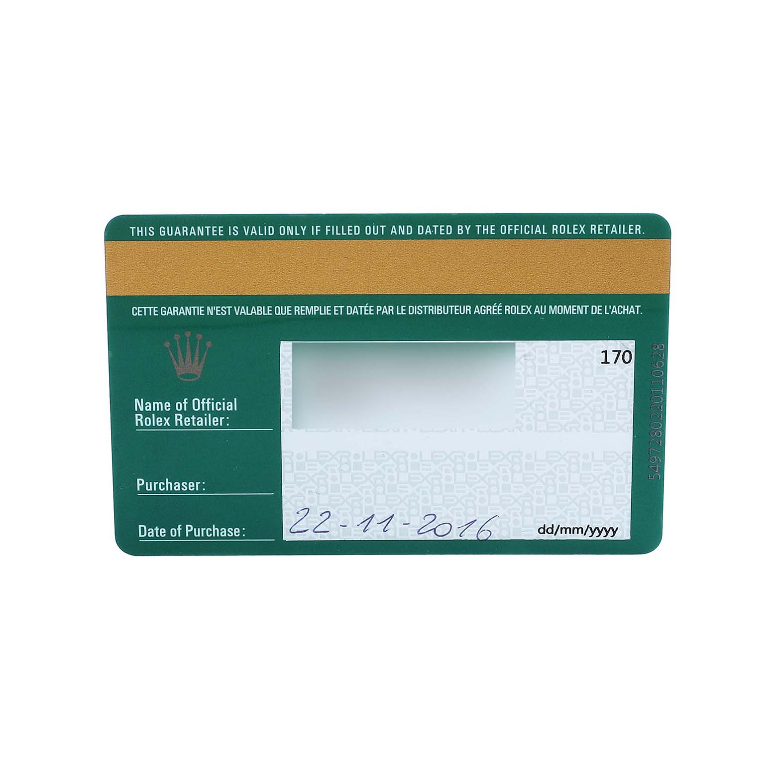 The image shows a warranty card for a Rolex Milgauss M116400GV Men's Stainless Steel Blue Dial watch, displaying purchase details.