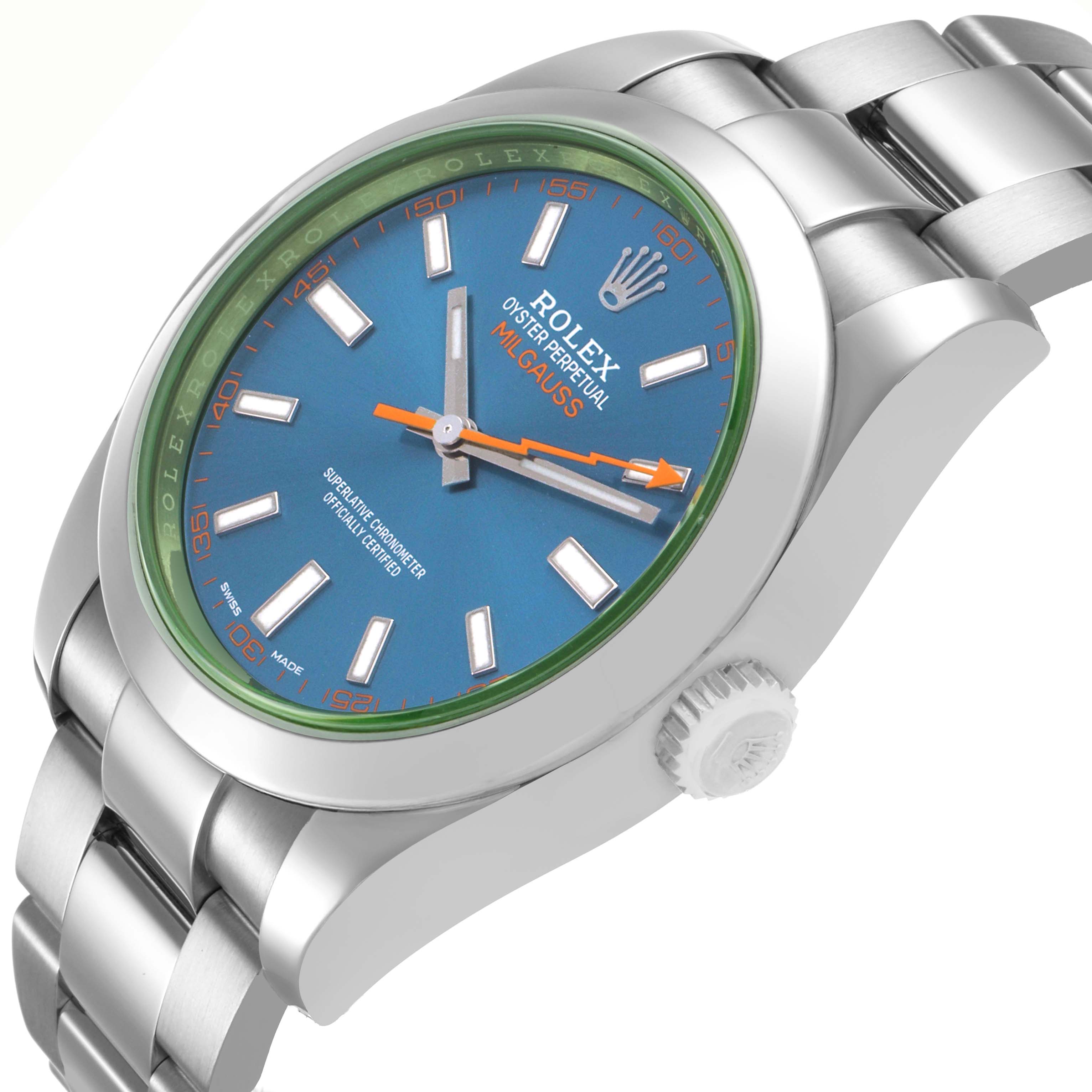 The image shows a Rolex Milgauss M116400GV Men's Stainless Steel Blue Dial watch at an angle highlighting the face, crown, and part of the bracelet.