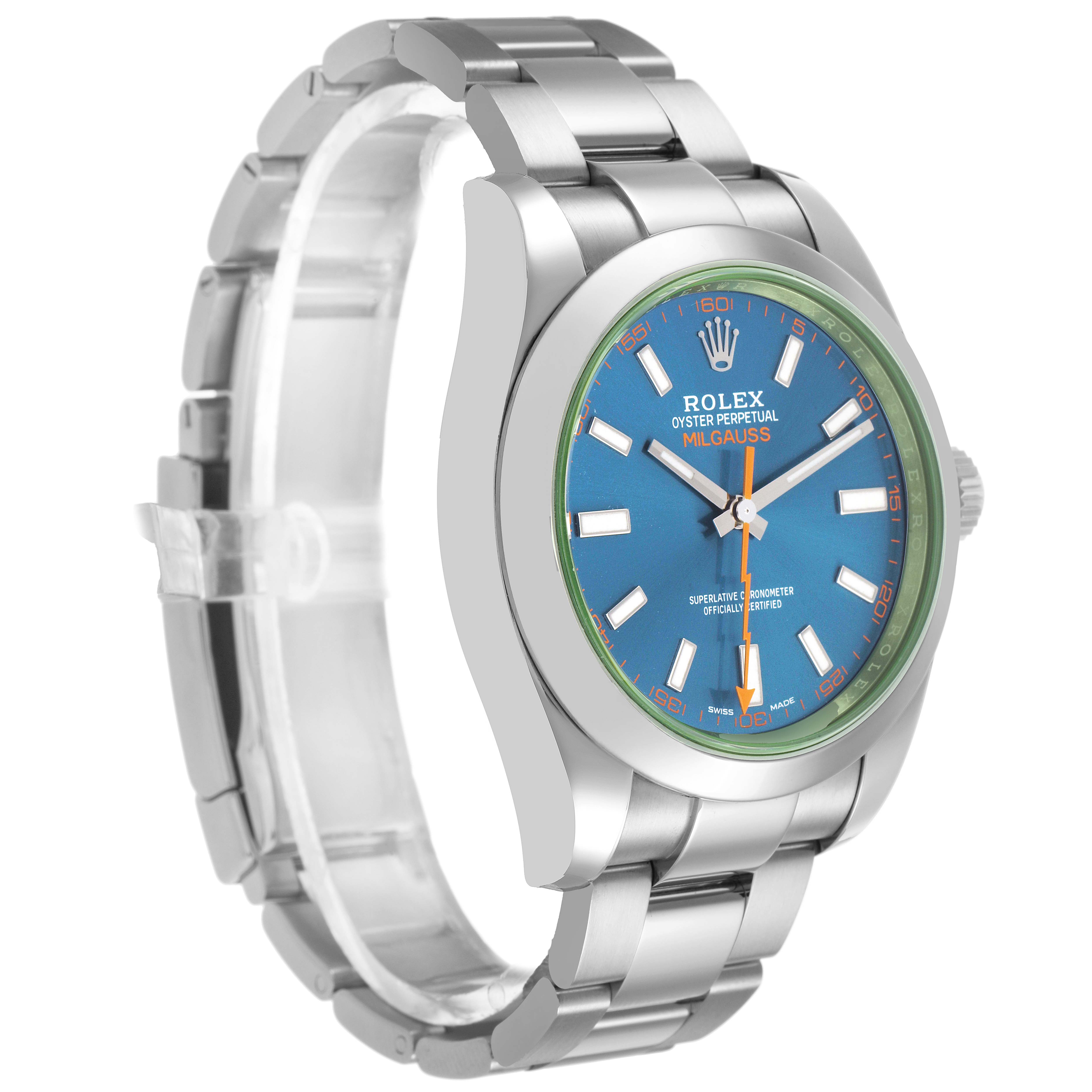 The Rolex Milgauss M116400GV Men's Stainless Steel Blue Dial watch is shown at a three-quarter angle, highlighting the blue dial, case, bracelet, and crown.