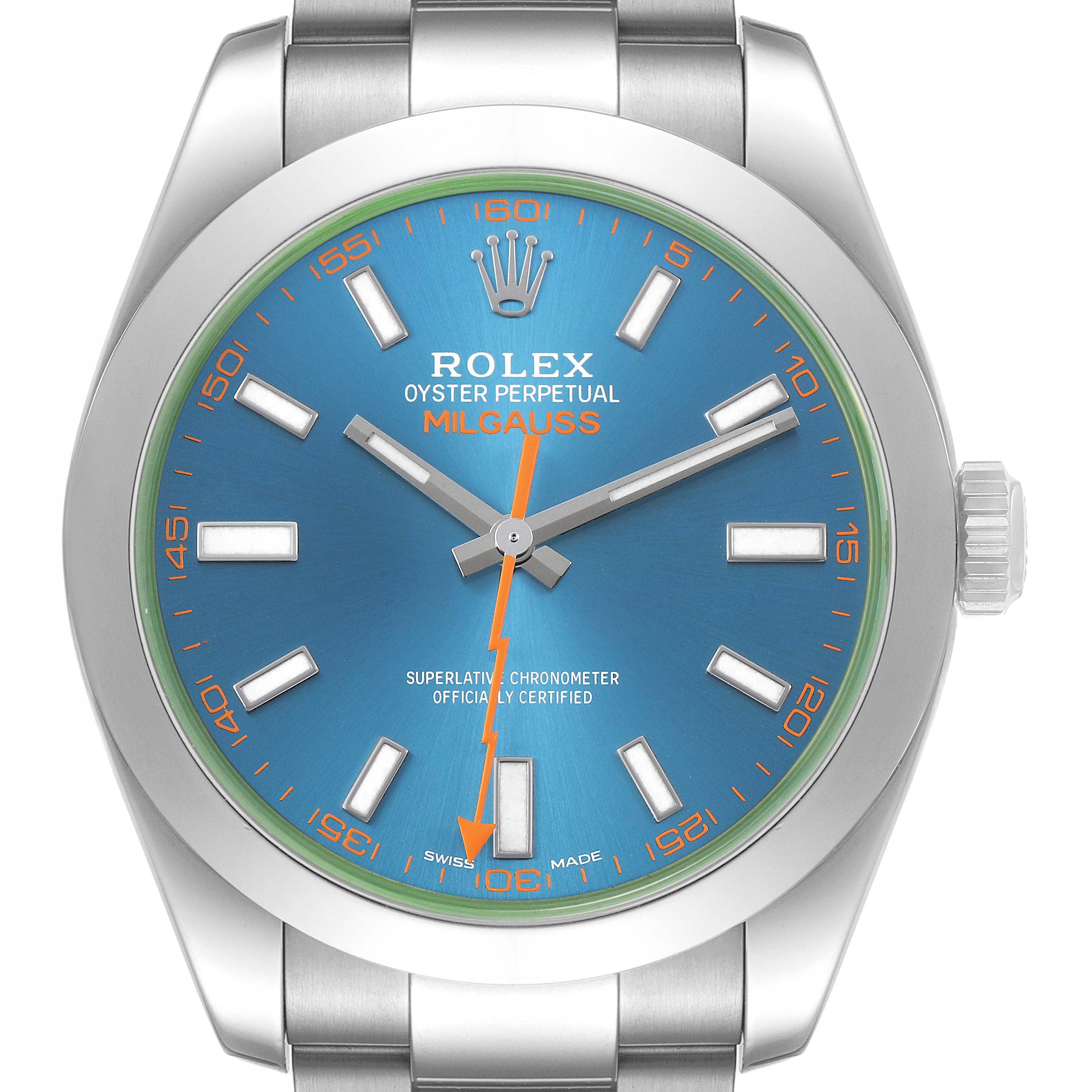The image shows a front view of the Rolex Milgauss M116400GV Men's Stainless Steel Blue Dial watch, highlighting the dial, hands, and crown.