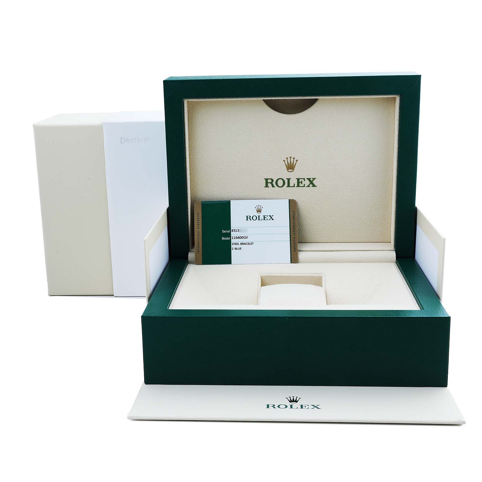 The image shows the open box of a Rolex Milgauss M116400GV Men's Stainless Steel Blue Dial watch, featuring the inside packaging and card, but no watch visible.