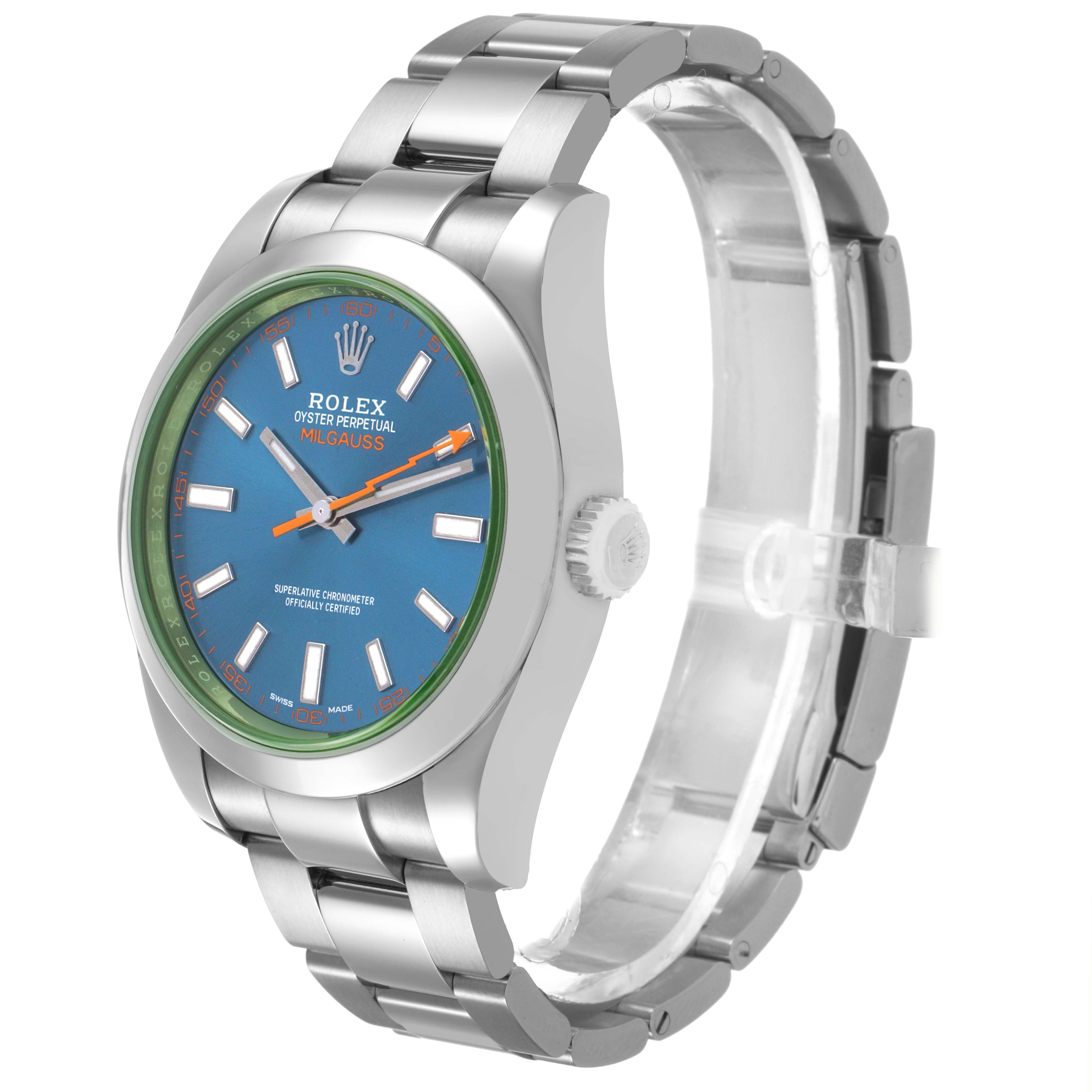 The Rolex Milgauss M116400GV Men's Stainless Steel Blue Dial watch is shown at a 3/4 angle, highlighting its side profile, bracelet, dial, bezel, and crown.