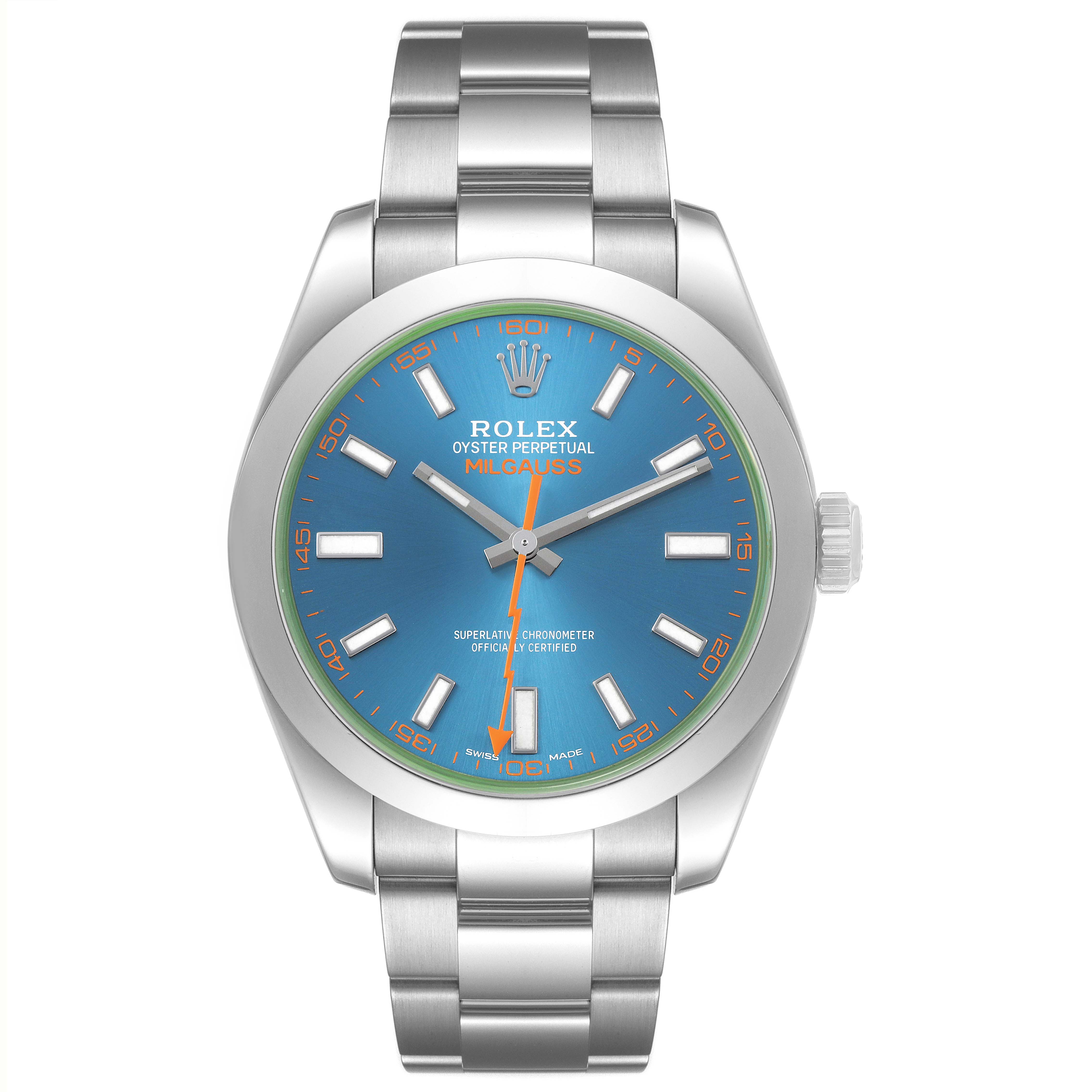 The Rolex Milgauss M116400GV Men's Stainless Steel Blue Dial watch is shown from a front angle, featuring its blue dial, hour markers, hands, and stainless steel bracelet.