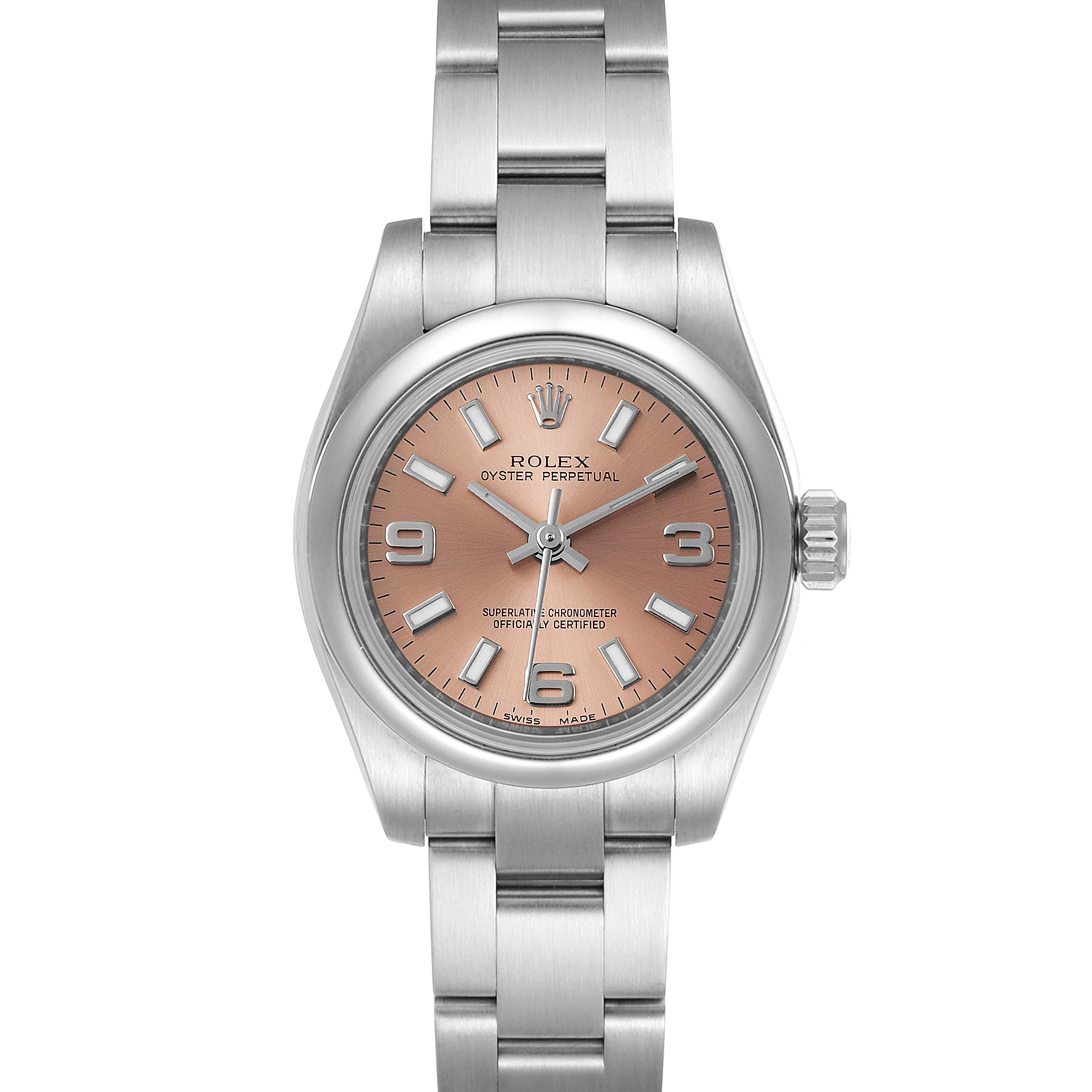This image shows a front view of a Rolex Oyster Perpetual 176200 Women
s Stainless Steel Pink Dial 176200 Women
s Stainless Steel Pink Dial watch, displaying the face, bezel, crown, and part of the bracelet.