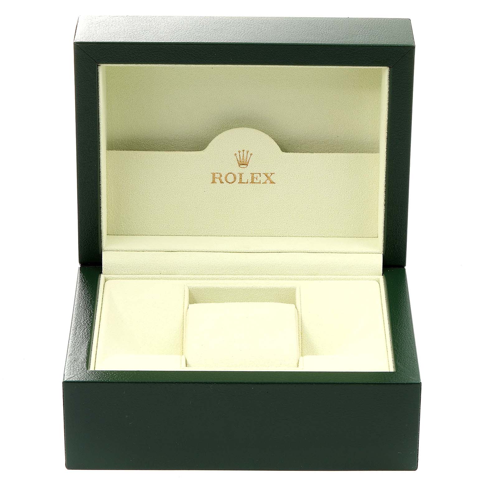 The image shows an open green Rolex box, typically used to store the Oyster Perpetual model.