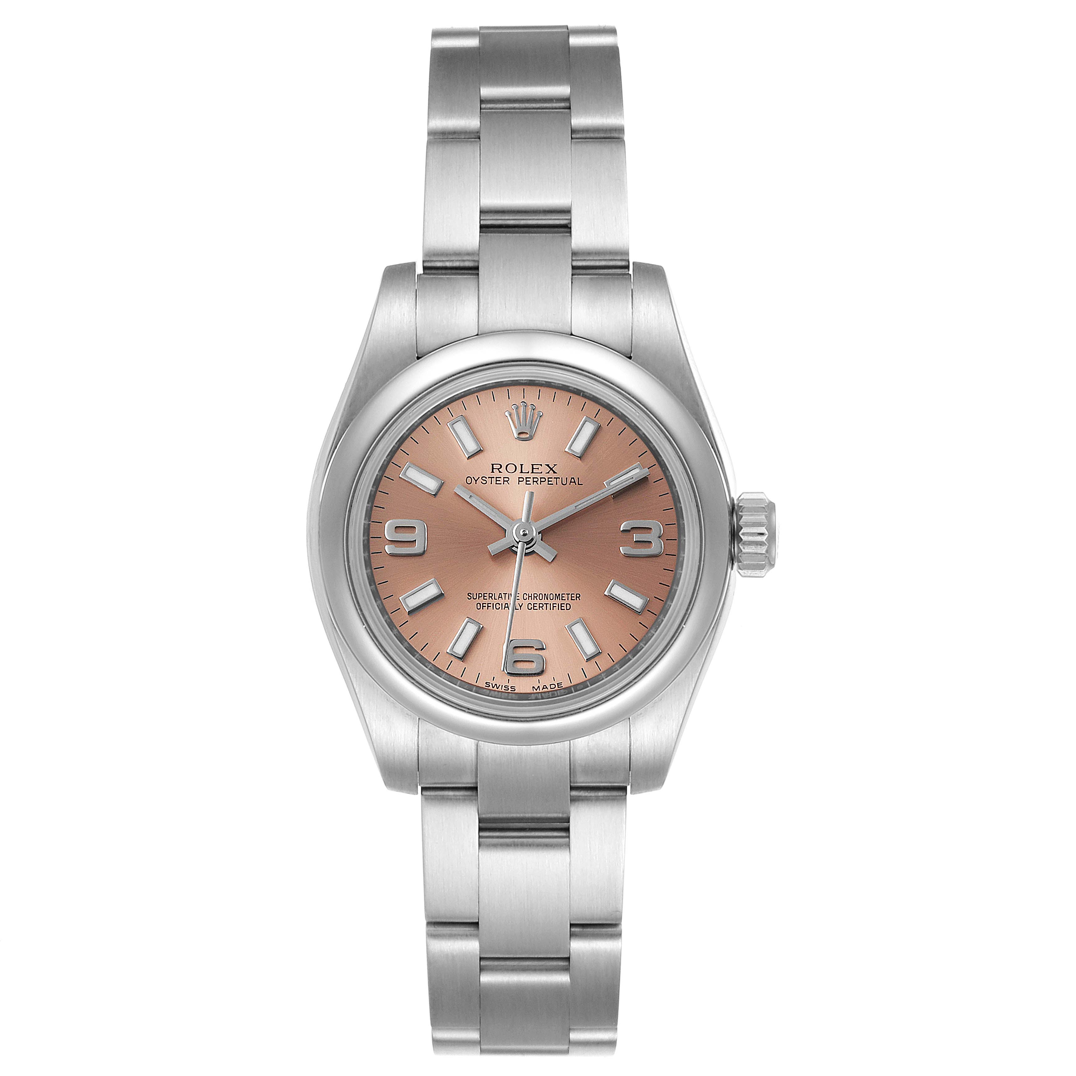 The image shows a frontal view of a Rolex Oyster Perpetual 176200 Women
s Stainless Steel Pink Dial 176200 Women
s Stainless Steel Pink Dial watch, displaying its salmon dial, hands, indices, and stainless steel bracelet.