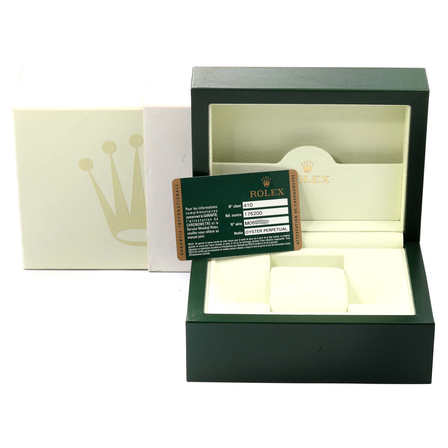 The image shows the Rolex Oyster Perpetual 176200 Women's Stainless Steel Pink Dial 176200 Women's Stainless Steel Pink Dial watch box open with a warranty card on display.