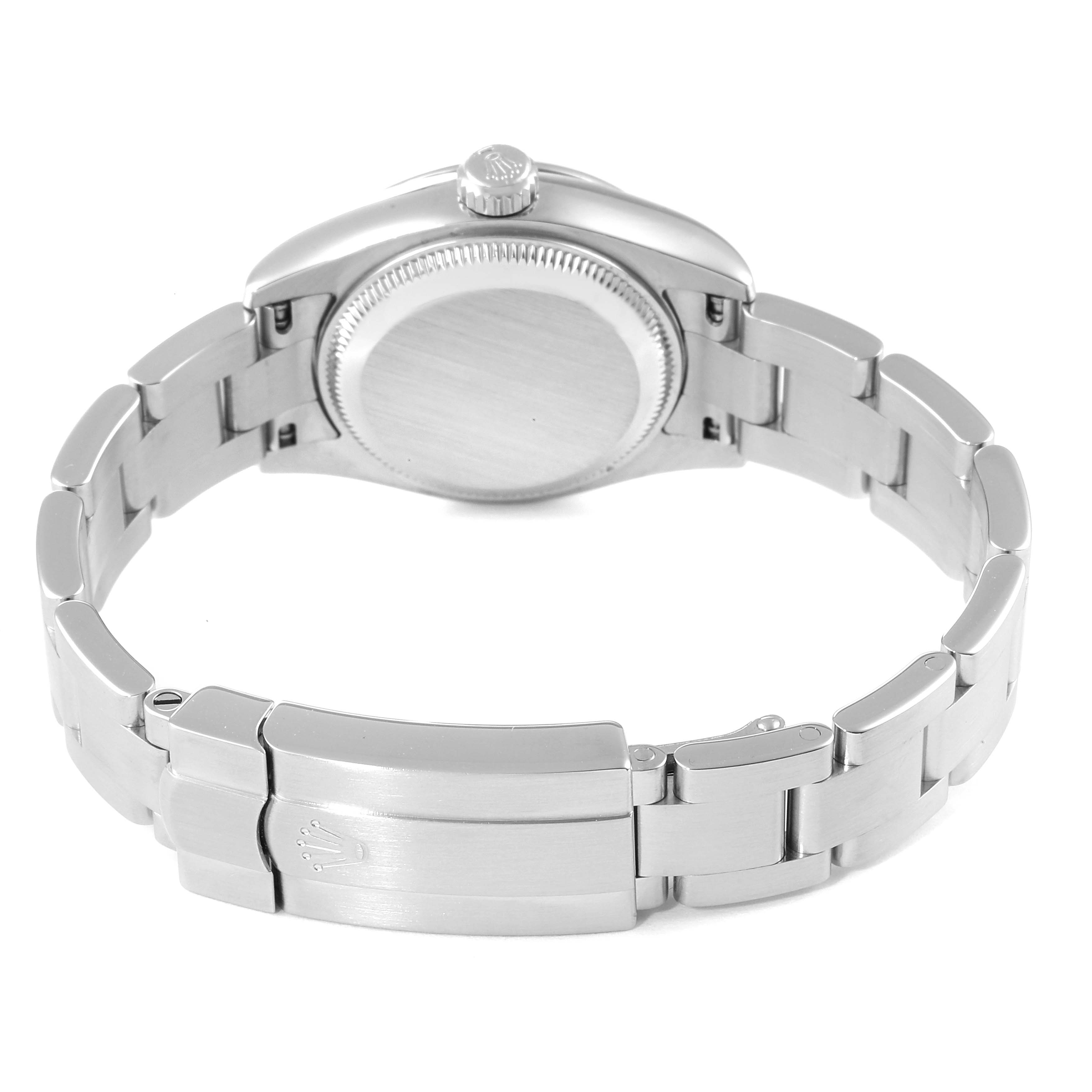 The image shows the back case and bracelet of a Rolex Oyster Perpetual 176200 Women's Stainless Steel Pink Dial 176200 Women's Stainless Steel Pink Dial watch from a rear angle.