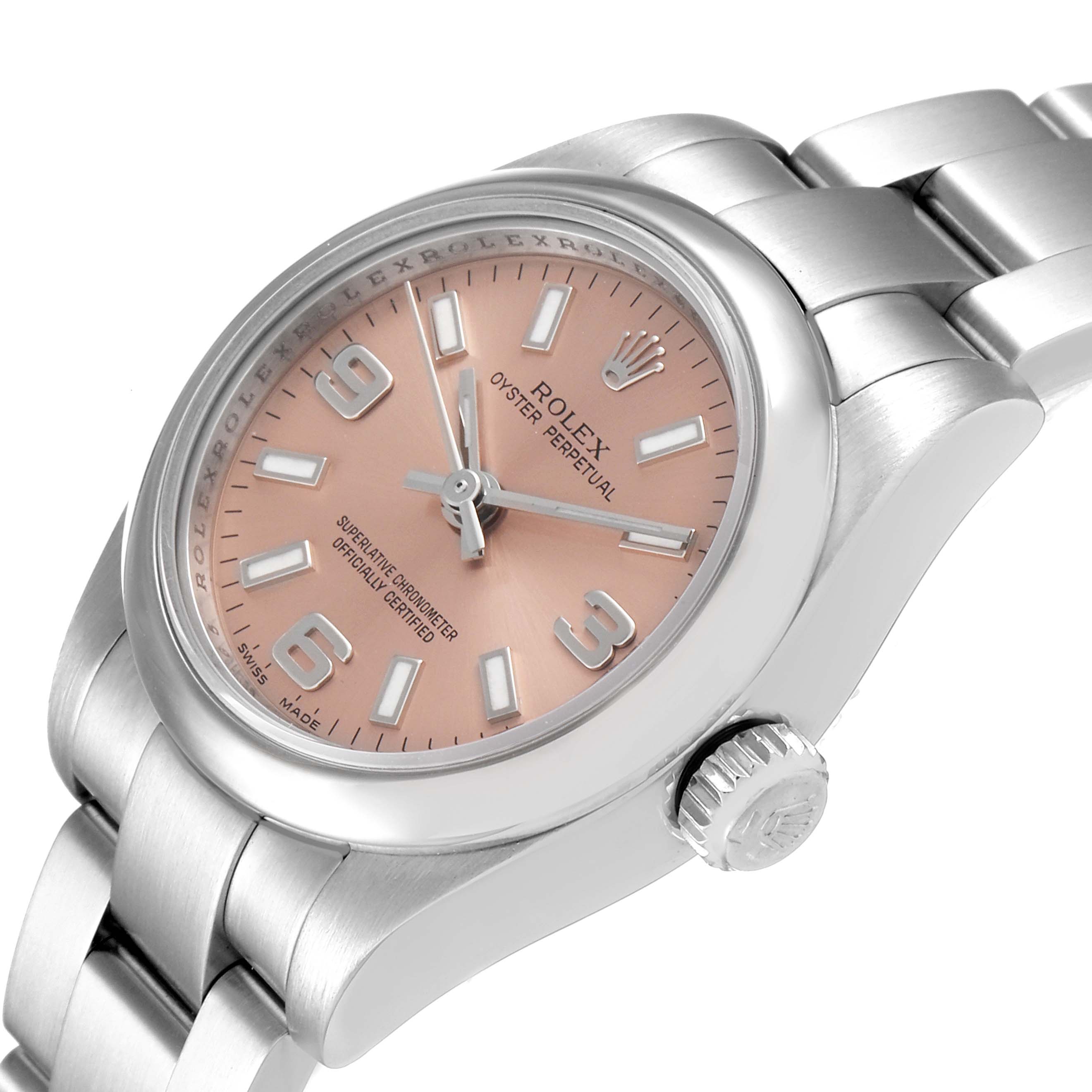 The image shows a Rolex Oyster Perpetual 176200 Women's Stainless Steel Pink Dial 176200 Women's Stainless Steel Pink Dial watch angled slightly from the top right, highlighting the dial, crown, and part of the bracelet.