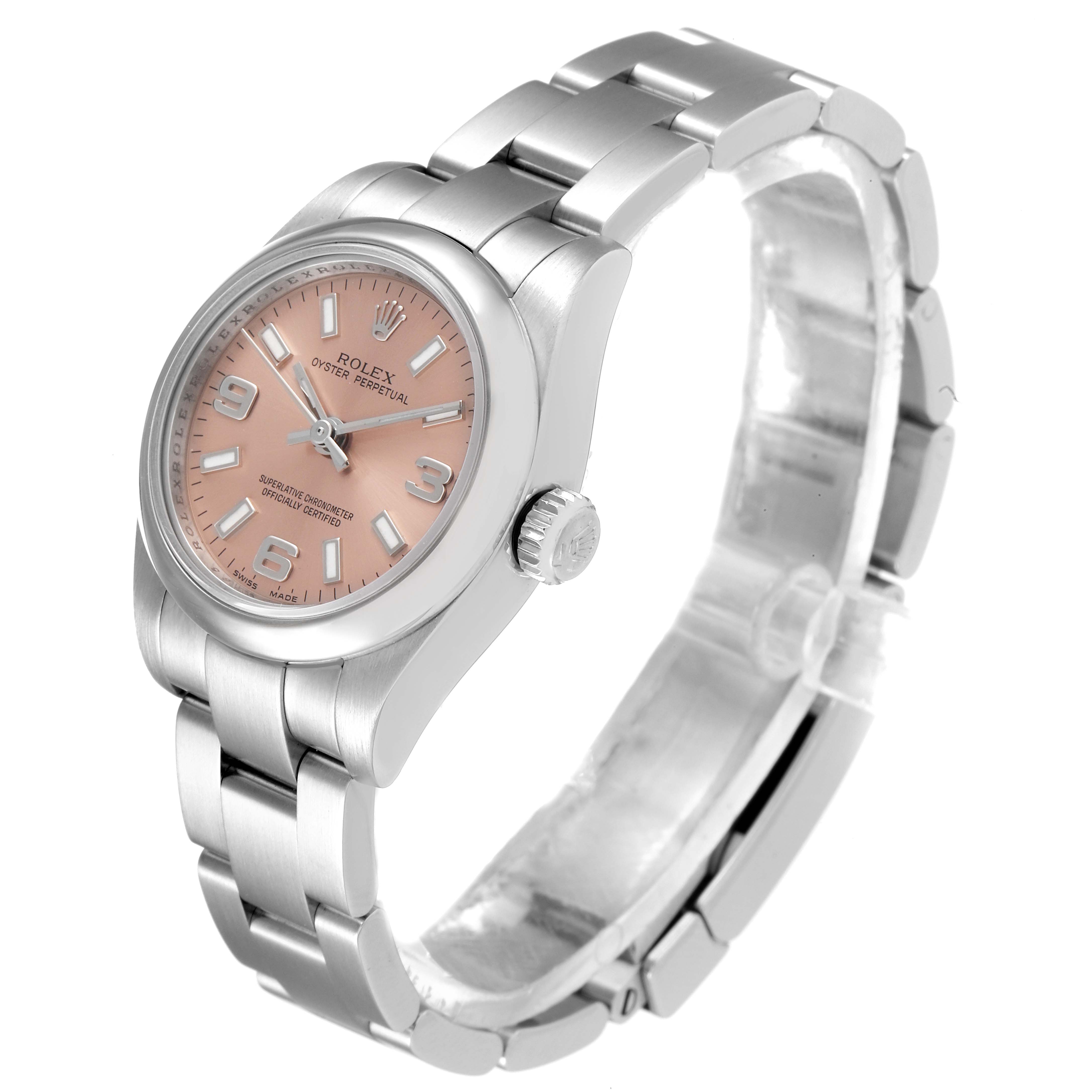 The Rolex Oyster Perpetual 176200 Women's Stainless Steel Pink Dial 176200 Women's Stainless Steel Pink Dial watch is shown at an angle highlighting the dial, bezel, crown, and stainless steel bracelet.