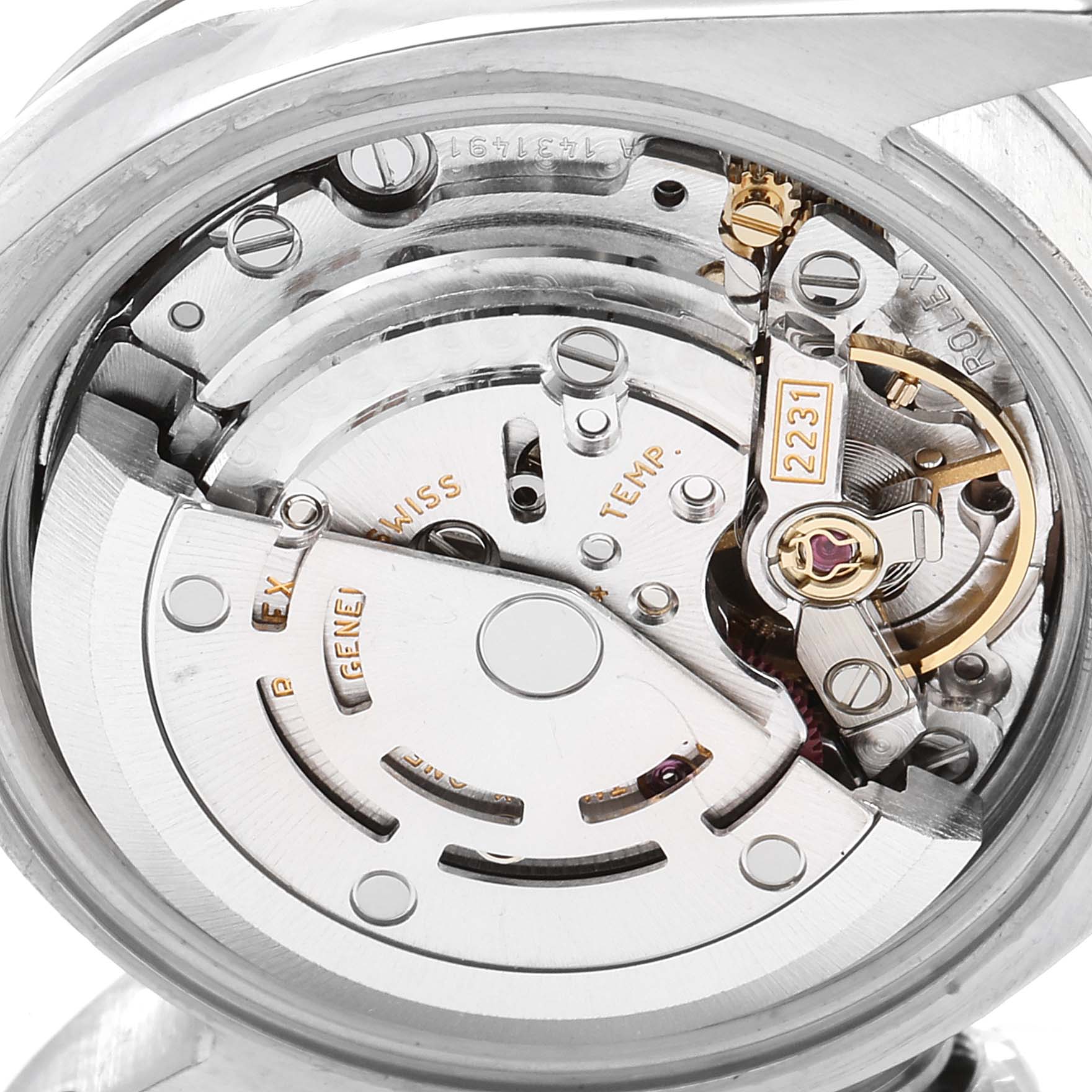 This image shows a close-up view of the Rolex Oyster Perpetual 176200 Women's Stainless Steel Pink Dial 176200 Women's Stainless Steel Pink Dial's internal movement and mechanism.