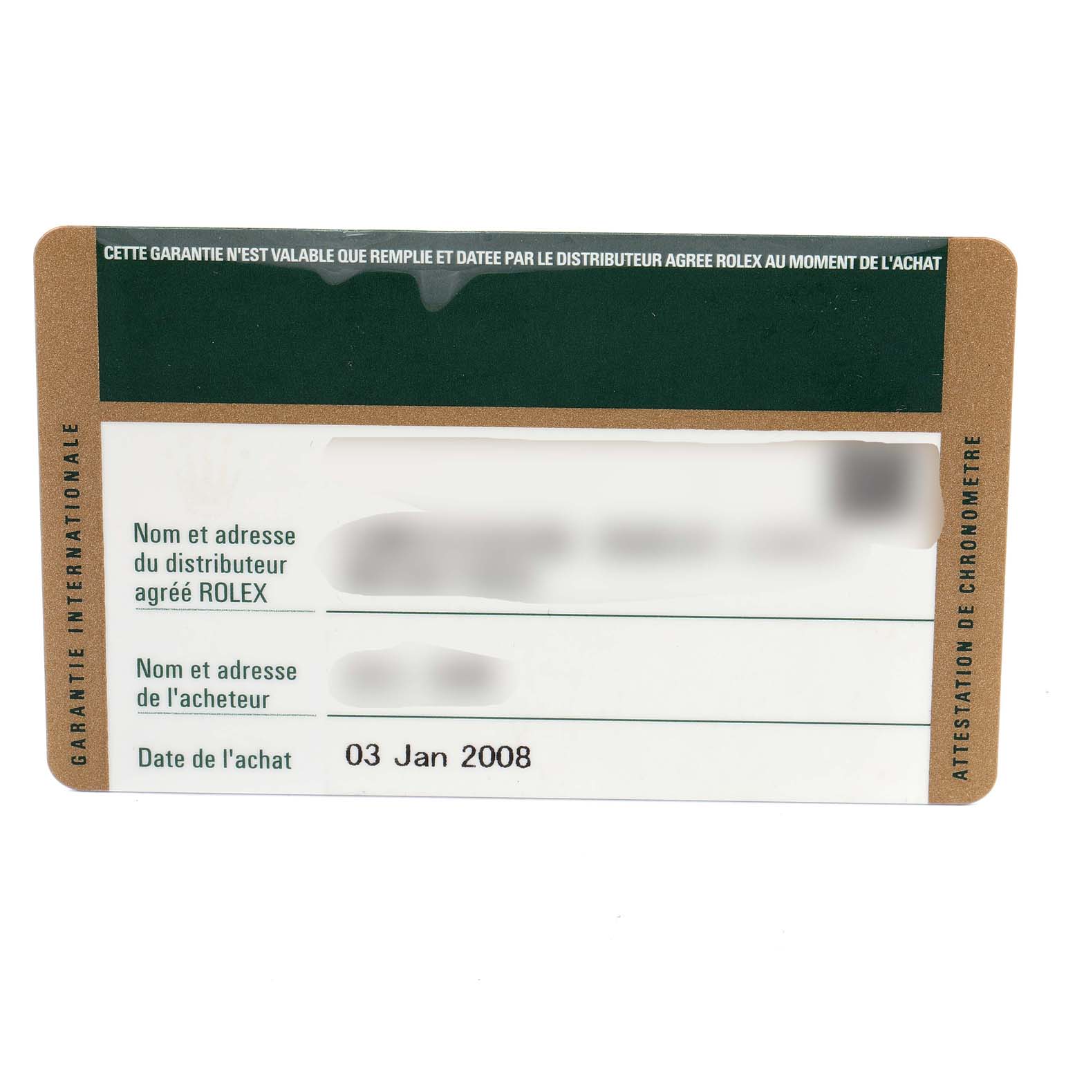 This image shows the warranty card for a Rolex Oyster Perpetual 176200 Women's Stainless Steel Pink Dial 176200 Women's Stainless Steel Pink Dial watch, listing the distributor and purchase date.